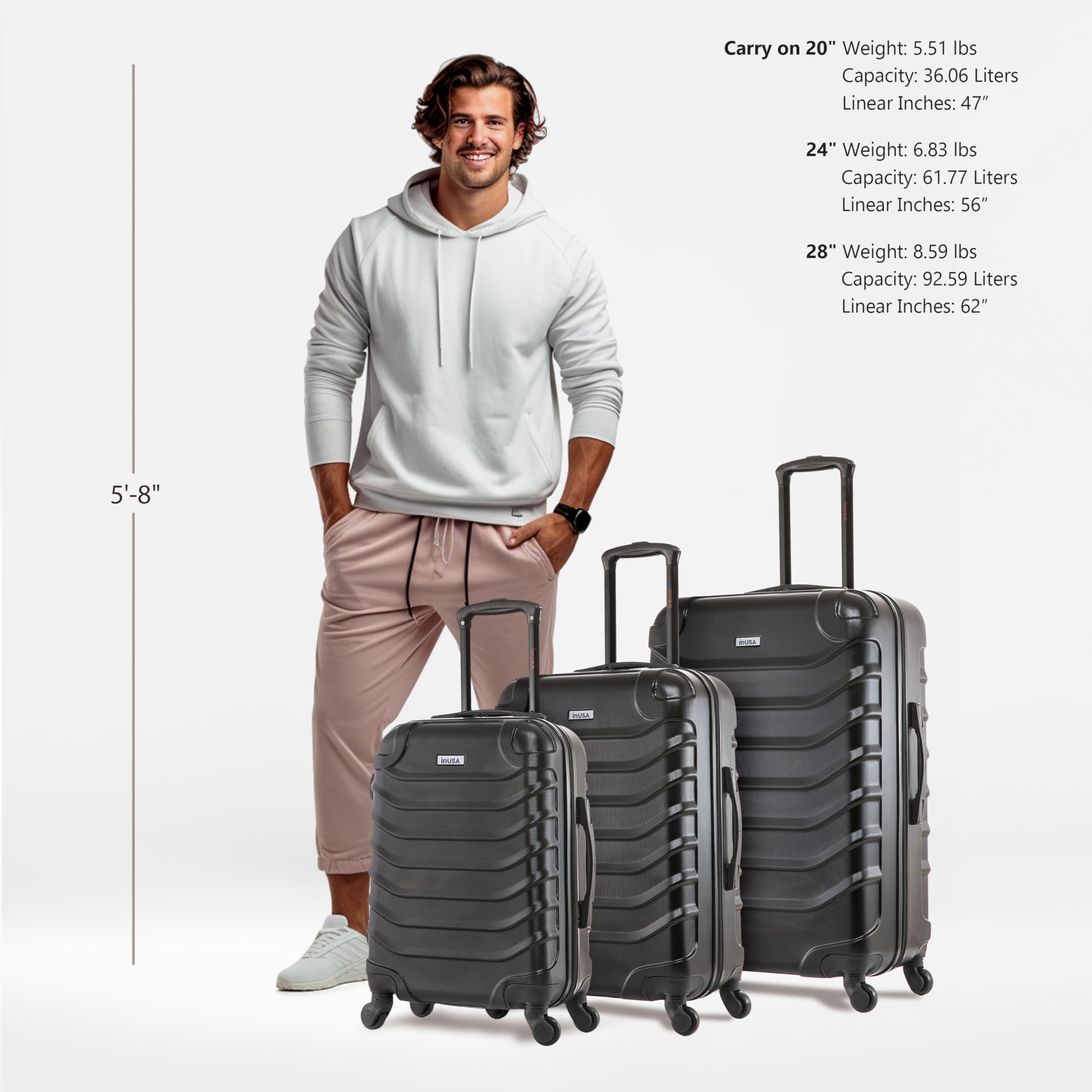 InUSA ENDURANCE 3-Piece Hardshell Luggage Set with Spinner Wheels - 20in, 24in & 28in Lightweight Durable Suitcases for Travel - Black Carry-On & Check-In Bags for Business Trips, Vacations & Family Getaways
