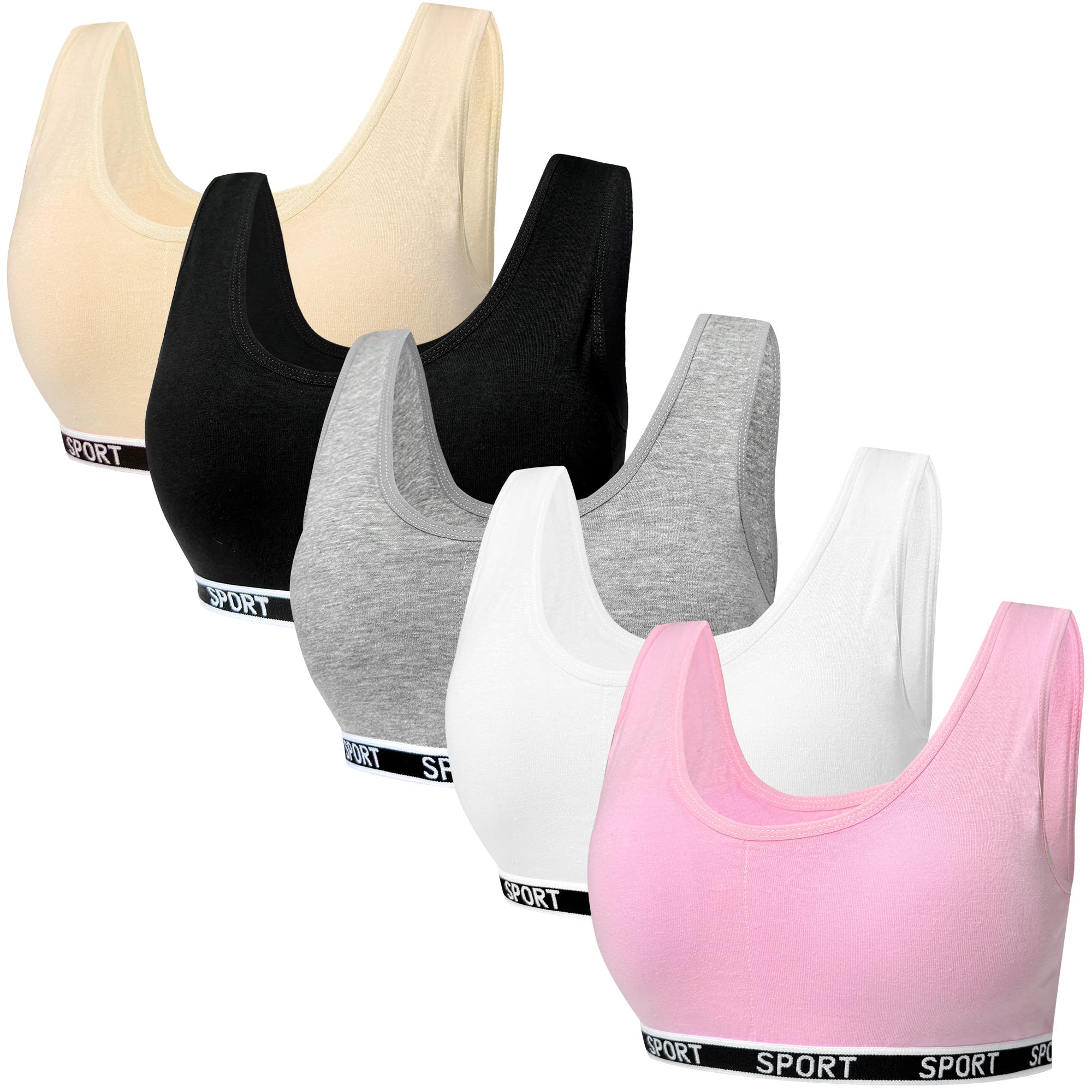 5 Pack Girls Sports Bras - Cotton Training Bras with Removable Pads, U-Shape Back Support for Teenage Girls 8-15 Years - Perfect for Gym, Yoga & Everyday Wear