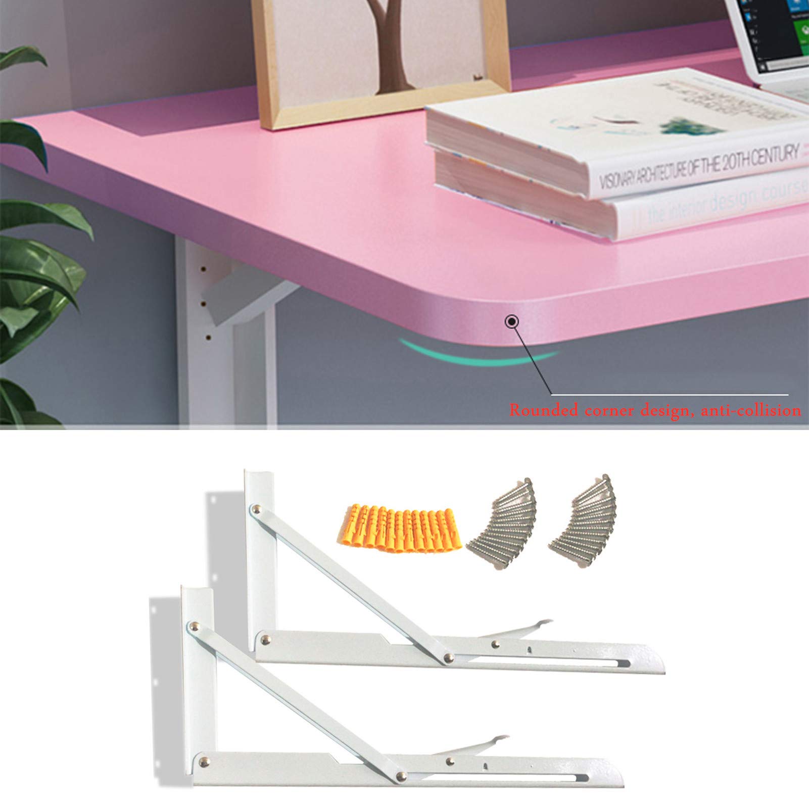 Space Saving Folding Wall Mounted Drop-Leaf Table with Shelves - Floating Cafe Dining Desk for Home Office, Living Room & Bedroom - Wooden Hanging Computer Desk & Bookshelf Bar Table - Pink (50x50cm/20x20in) - Perfect for Small Apartments, Coffee Shops & Workspaces