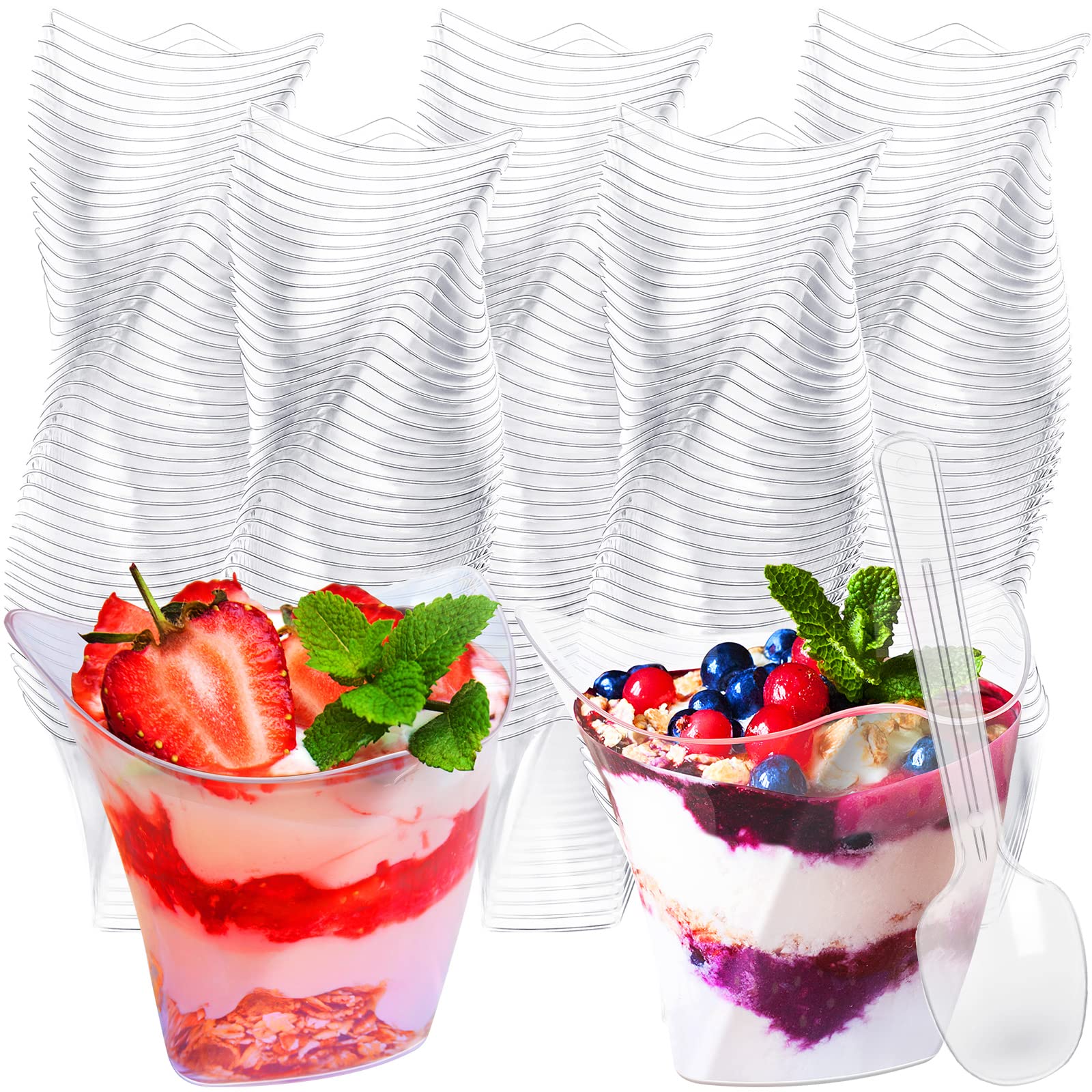 Honeydak 100-Pack 4.5 oz Clear Plastic Dessert Cups with Spoons - Disposable Mini Parfait, Mousse, Trifle, Pudding & Fruit Serving Cups for Parties, Catering & Home Entertaining