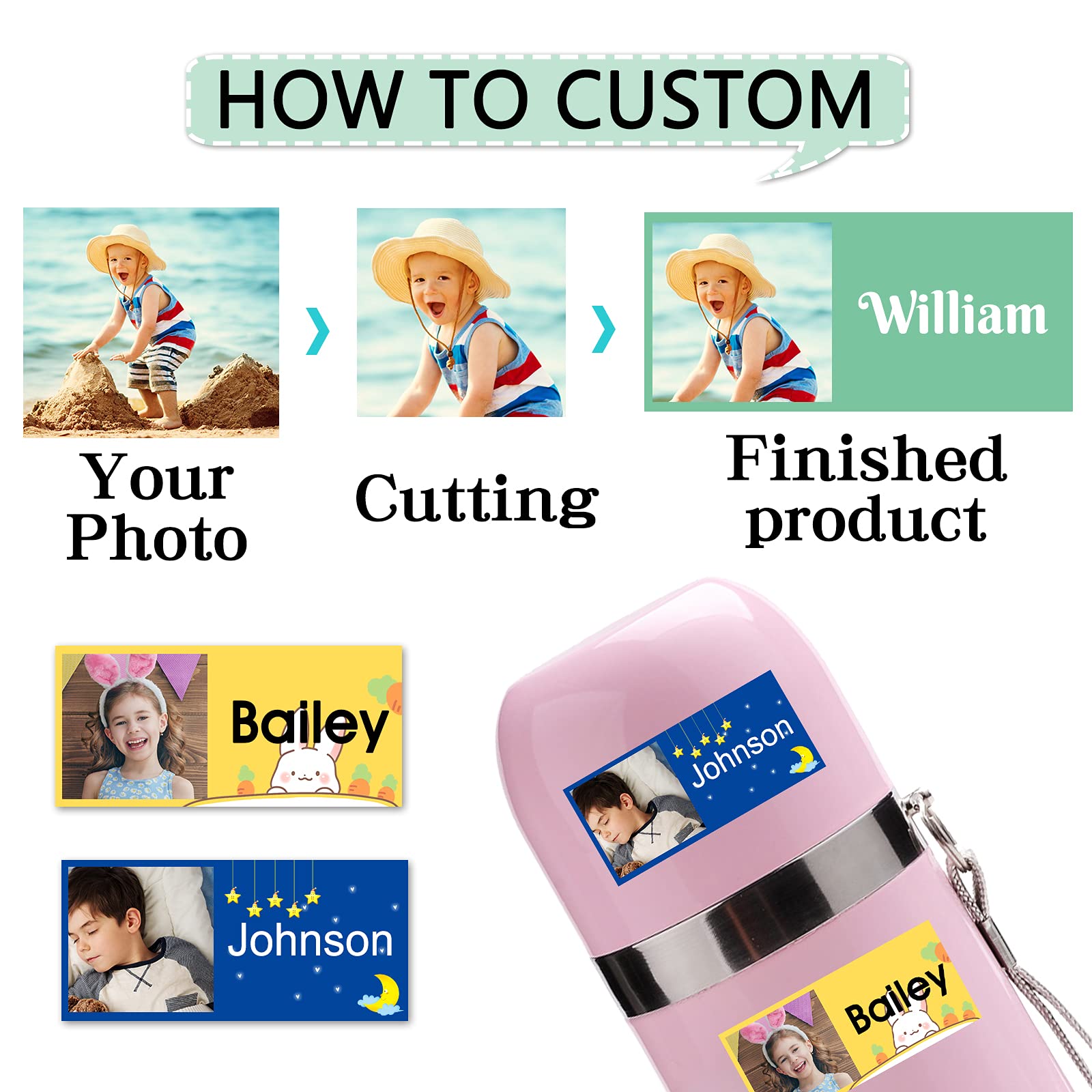 46 PCS Custom Name Labels for Kids - Personalized Photo Waterproof Stickers for School Supplies, Daycare, Water Bottles & Lunch Boxes - Perfect for Organizing Backpacks, Lunch Kits & Daycare Essentials