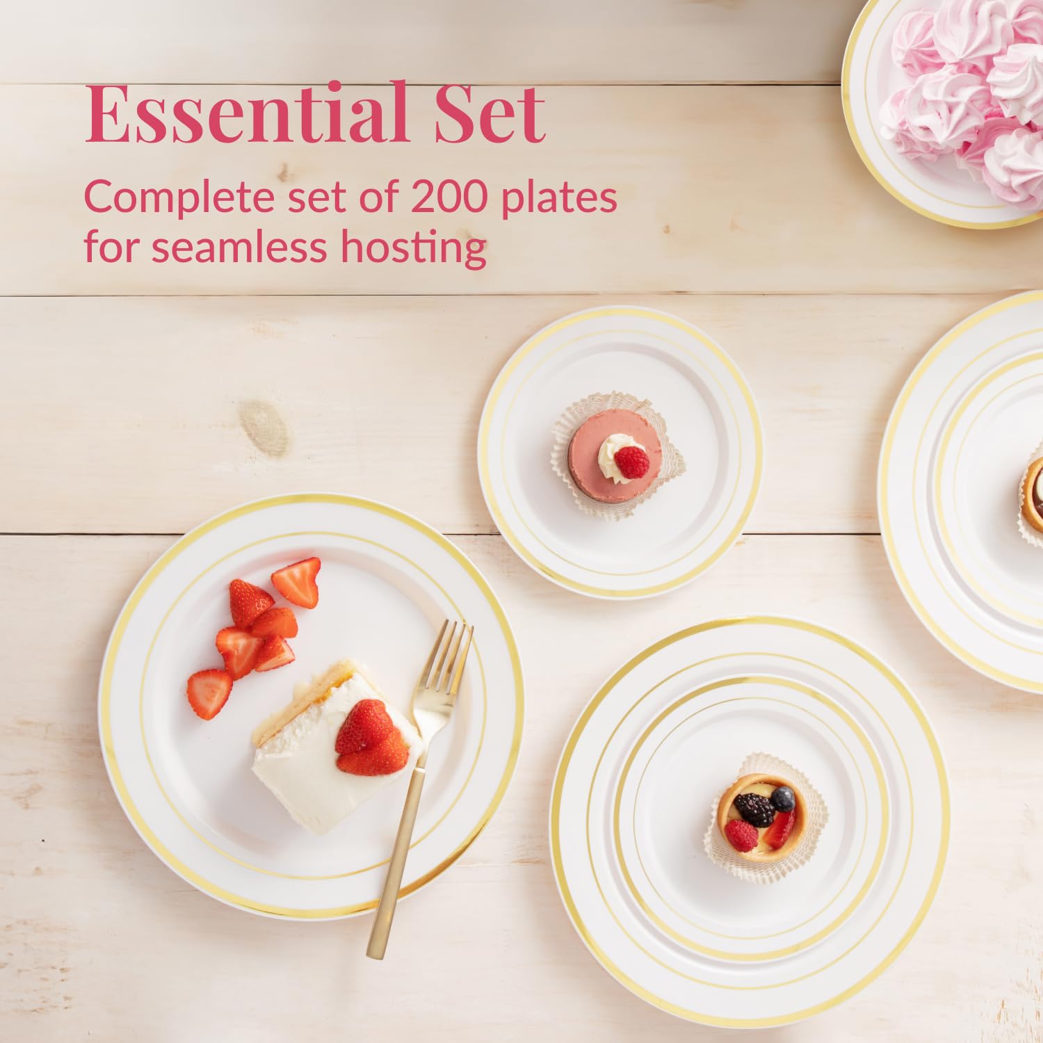 Prestee 200-Piece Gold Disposable Plates Set - 100 Dinner Plates & 100 Salad Plates, White with Gold Rim - Heavy Duty Plastic Party Plates for Wedding, Holiday, Birthday, Appetizer & Dessert - Perfect for Elegant Events, Catering & Home Entertaining