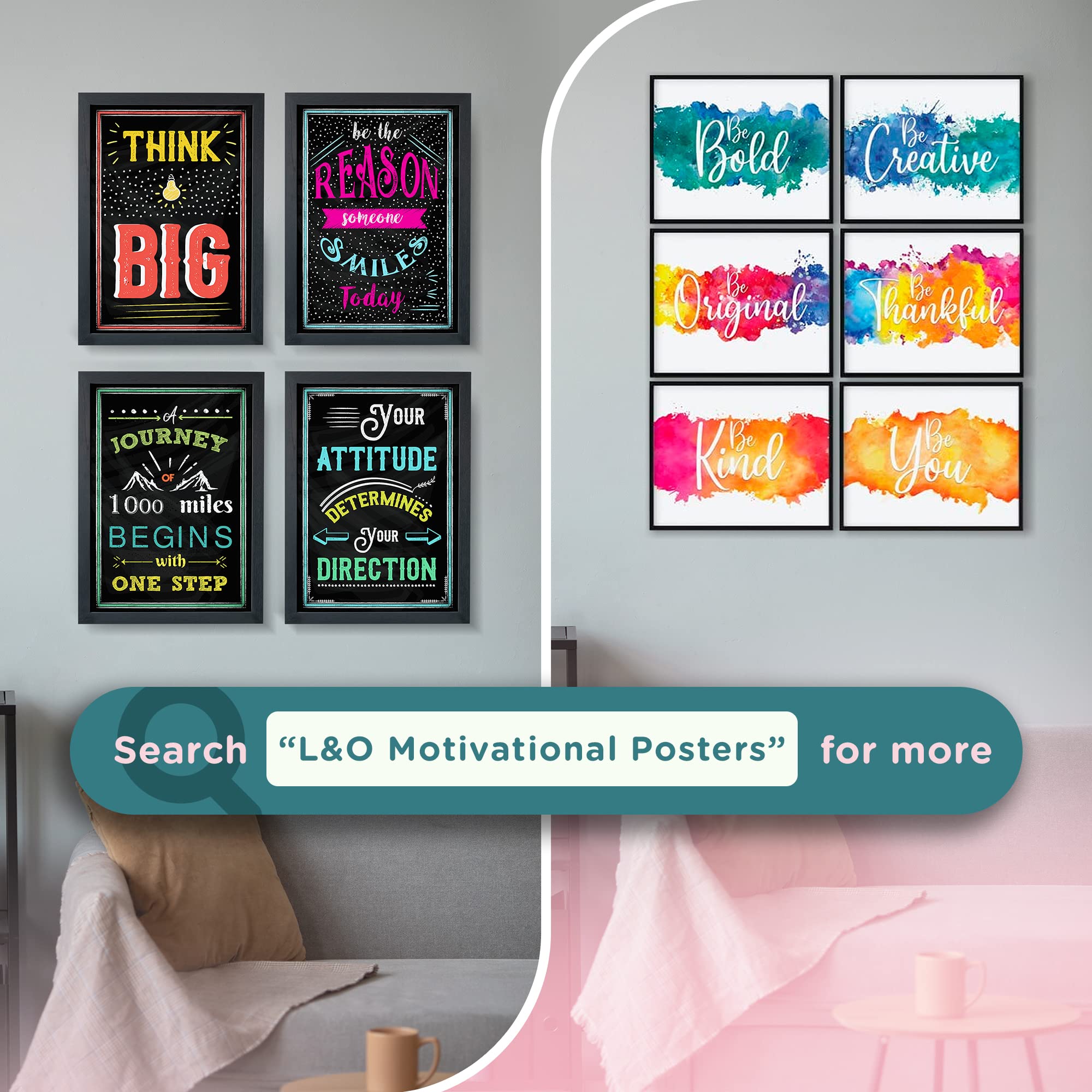 L&O Goods Motivational Posters - Set of 6 Inspirational Wall Art Prints (8x10 Inch) for Home & Office Decor in Black, Green, Yellow & Blue | Perfect for Living Room, Bedroom or Workspace