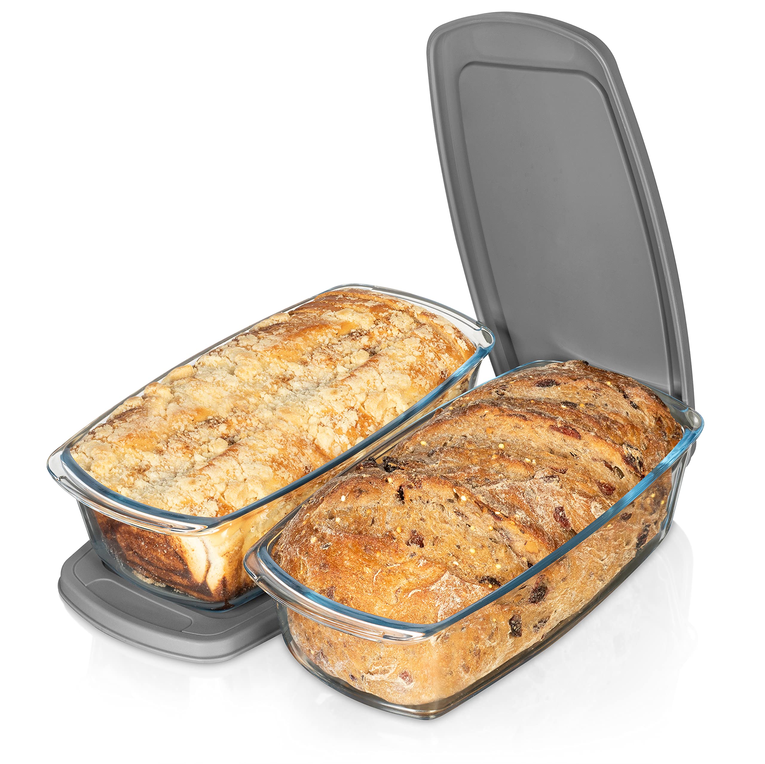 Razab 7.6 Cups Glass Loaf Pan with Lids (Set of 2) - 1800ml BPA Free Baking Dish for Bread, Meatloaf & Cakes - Microwave & Oven Safe with Airtight Lids & Grip Handle - Perfect for Home Baking, Meal Prep & Storage