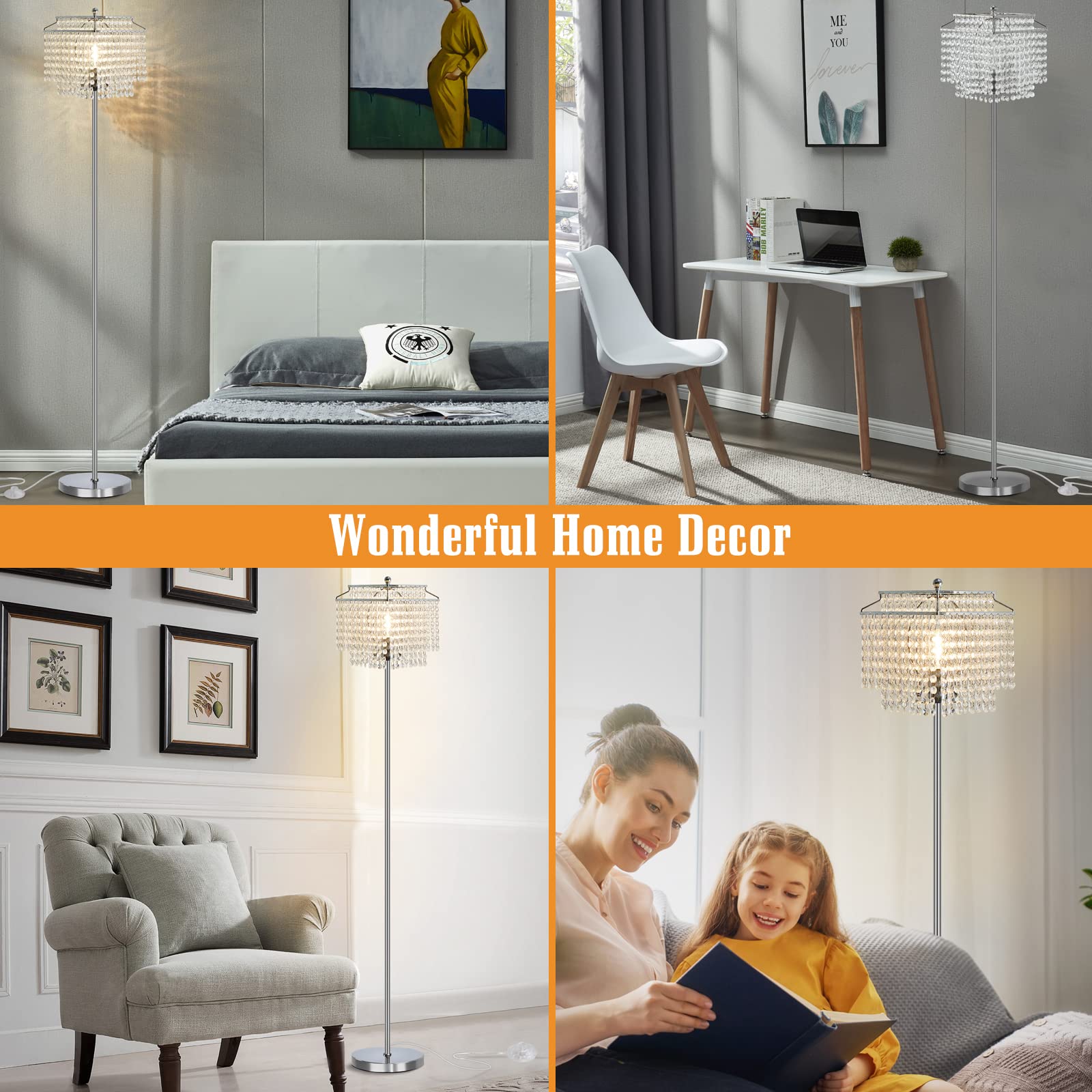Crystal Table Lamp with USB Ports & Floor Lamp Set of 2 - Modern Silver Lighting for Living Room, Bedroom, Office | Perfect for Reading, Working & Home Decor