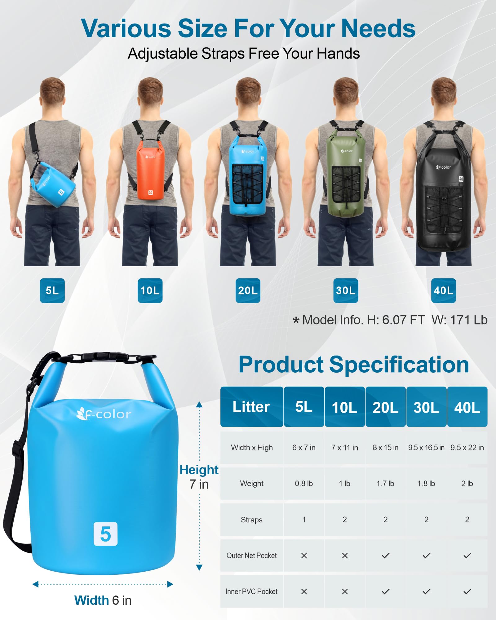 Waterproof Dry Bag Backpack 5L 10L 20L 30L 40L - Lightweight Roll Top Pouch with Phone Case for Kayaking, Beach, Boating, Paddleboarding, Camping, Fishing - Ideal for Outdoor Adventures, Water Sports & Travel Essentials
