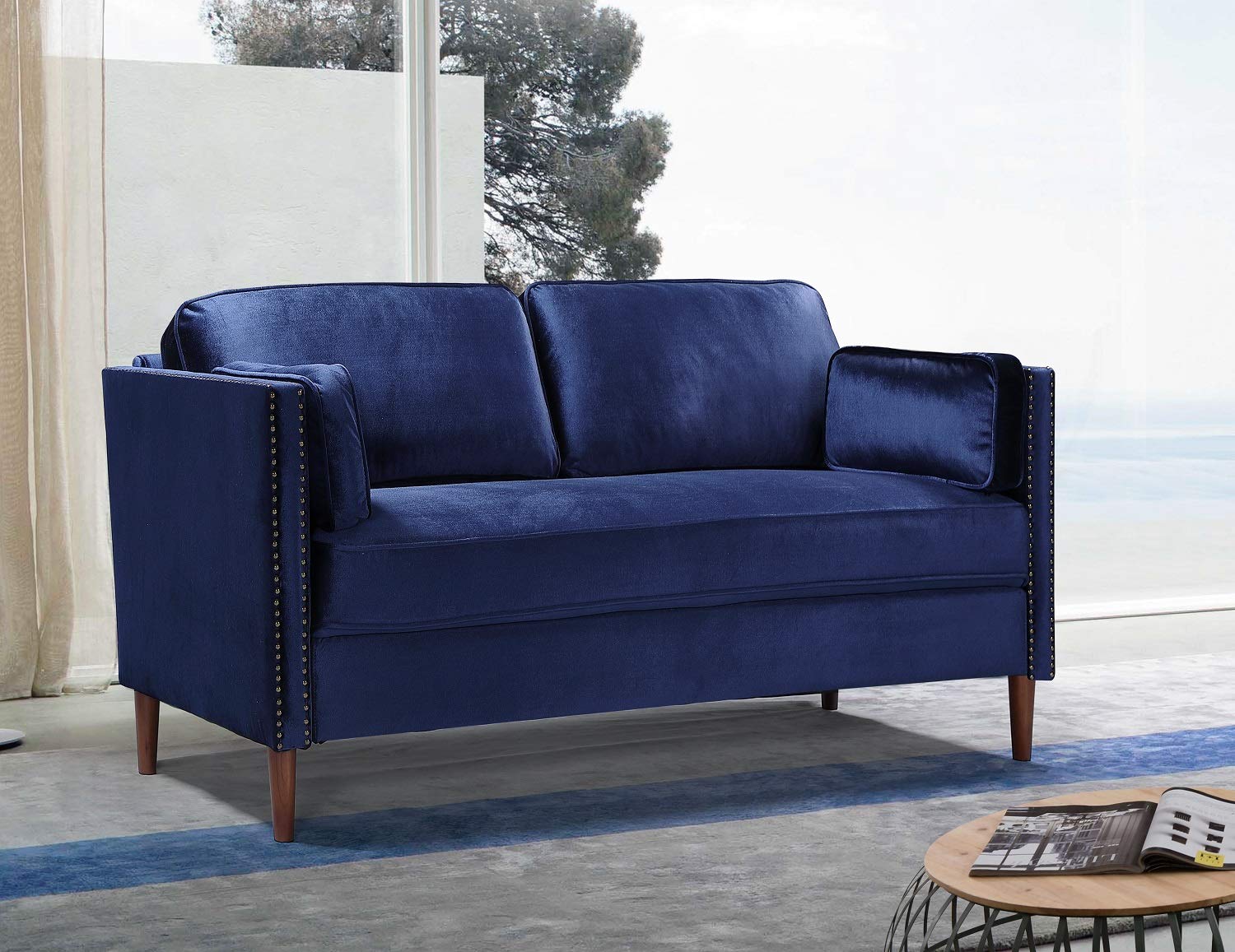 Rhomtree Mid Century Velvet Loveseat Sofa - 57 Inch Blue Upholstered Couch for Living Room, Lounge & Small Spaces | Modern Comfort & Stylish Design