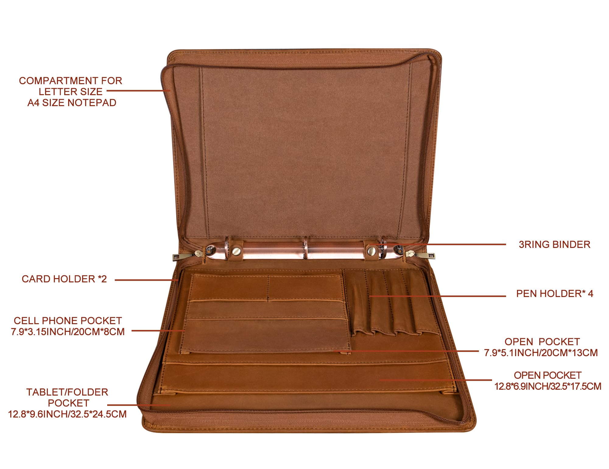 Personalized Leather Portfolio Binder for Men & Women - Free Name Engraving, Custom 3-Ring Zippered Business Organizer, Handmade Professional Padfolio Folder (Brown) - Perfect Office Gift for Executives & Graduates