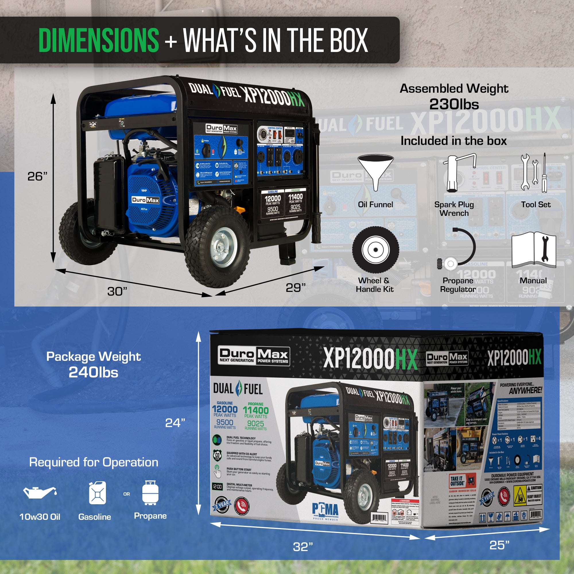 DuroMax XP12000HX 9500W/12000W Dual Fuel Portable Generator with CO Alert & Electric Start - Perfect for Home Backup Power, Camping, Job Sites, and Emergency Use