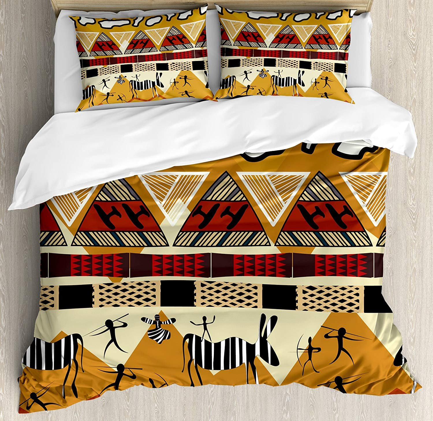3-Piece Queen Size Ethnic Tribal Bedding Set - Duvet Cover with Zipper Closure & 2 Pillow Shams, Hunting Zebra Illustration in Prehistoric Tribe Life Theme - Perfect for Safari, Jungle, or Bohemian Bedroom Decor