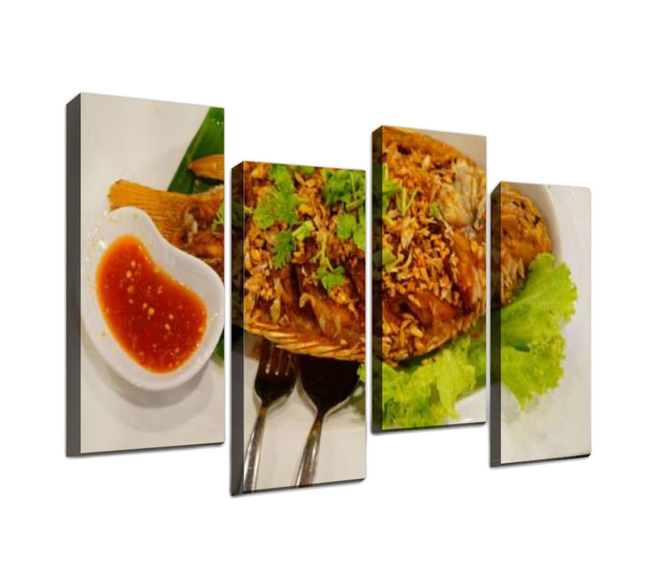4 Piece Canvas Wall Art - Fried Fish with Crispy Garlic & Peppers Thai Food Asian Style Painting - Modern Home Decor Posters & Prints for Living Room, Bedroom, Kitchen (12x31.5 Inches, Set of 4) - Perfect for Dining Room Decor, Restaurant Wall Art & Asian-Themed Interior Design