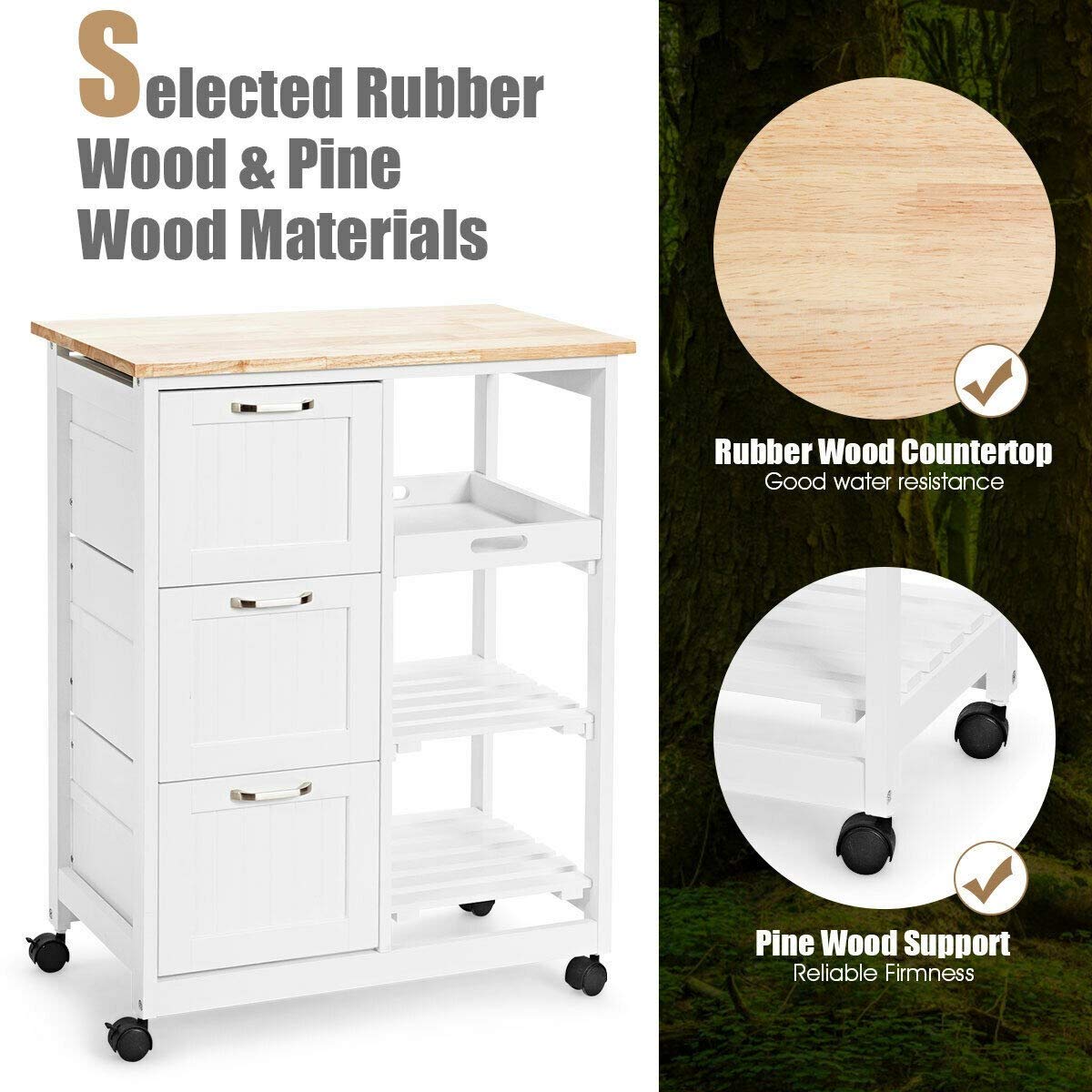 3-Tier Rolling Kitchen Island Cart with Wheels & Storage Drawers - Industrial Wood Serving Cart, Mobile Storage Cabinet for Kitchen, Dining Room, or Bar - White