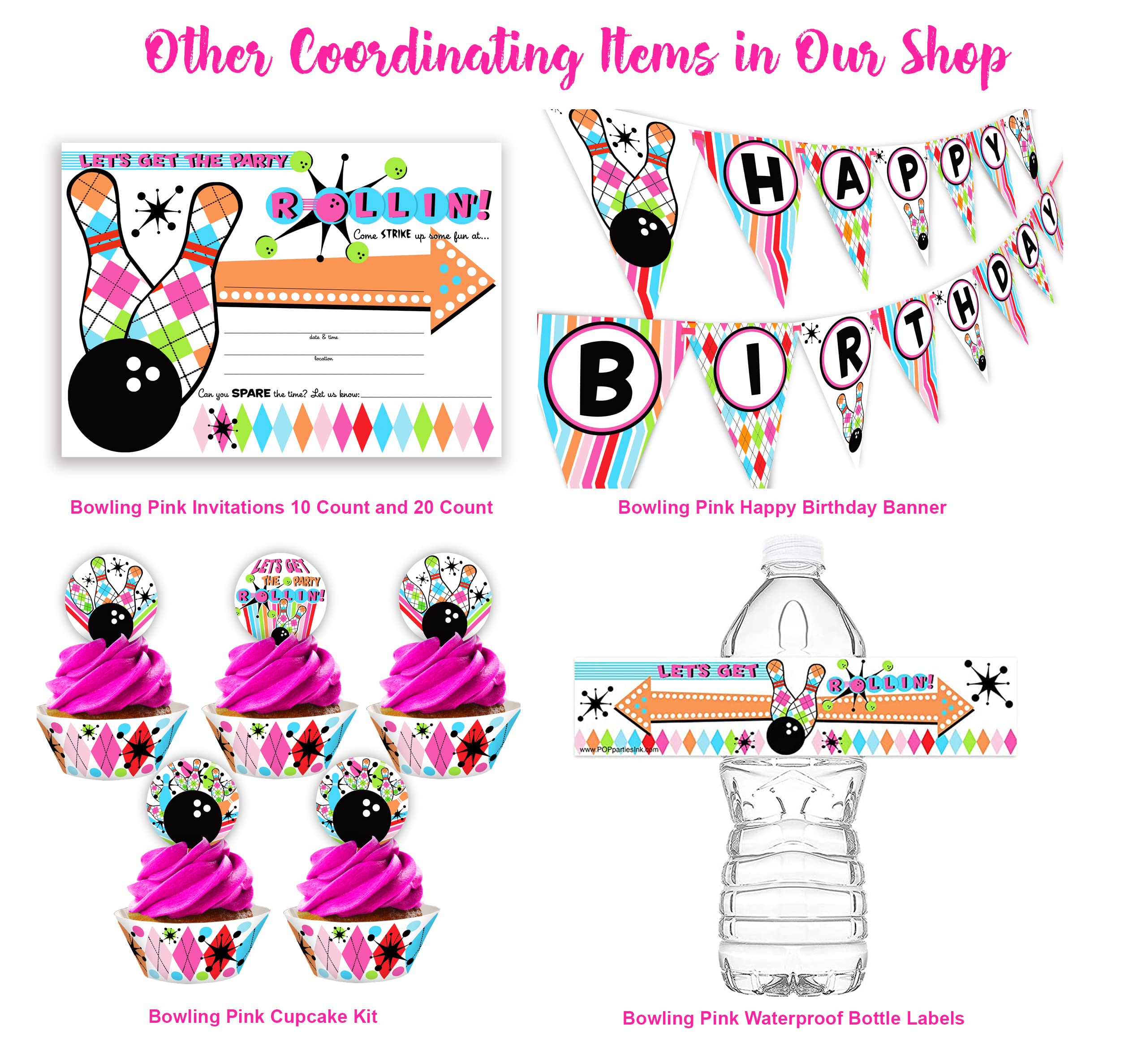 Bowling Cupcake Toppers & Wrappers Set - 24pcs Toppers + 24pcs Wrappers for Bowling Themed Parties | Glow in the Pink Decorations | Perfect for Birthday Cakes, Baby Showers & Sports Events