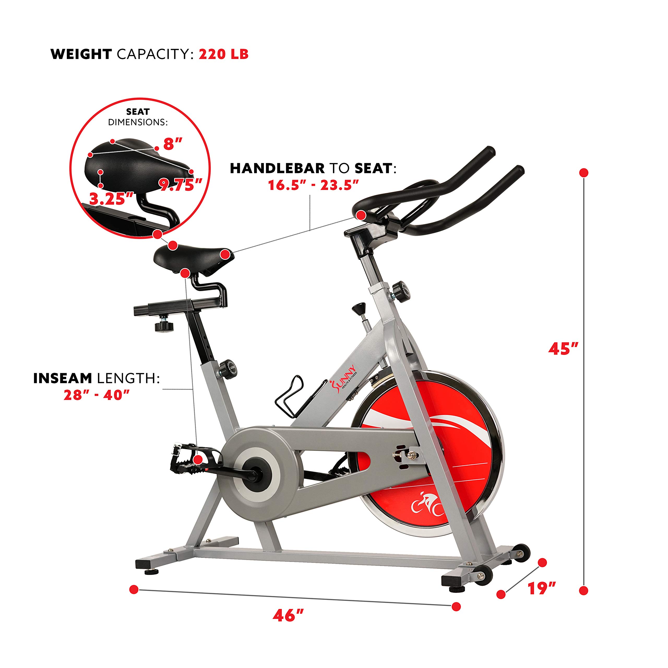 Sunny Health & Fitness Stationary Indoor Cycling Bike - Adjustable Seat & Resistance for Home Workouts | Perfect for Cardio, Weight Loss & Indoor Training