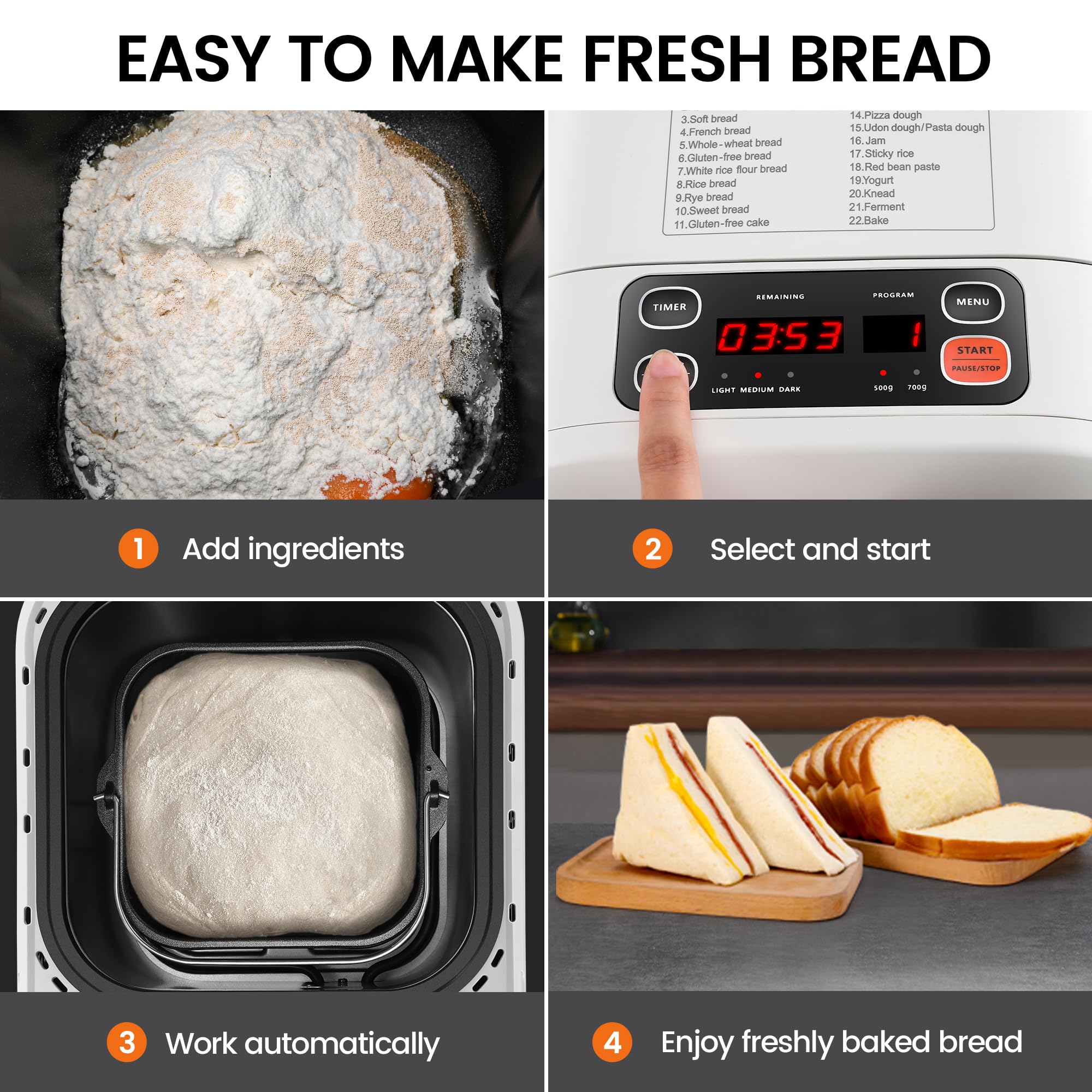 22-in-1 Automatic Bread Maker Machine - 1LB/1.5LB Programmable Digital Bakery with Dough, Cake, Jam & Yogurt Functions | 3 Crust Colors, Non-Stick Pan | Perfect for Small Kitchens, Homemade Bread & Healthy Breakfasts