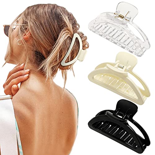 3PCS Medium Hair Claw Clips for Women - Strong Hold Hair Clips for Thin & Thick Hair - All Hairstyles (Black, White, Transparent) - Perfect for Work, Gym & Everyday Styling