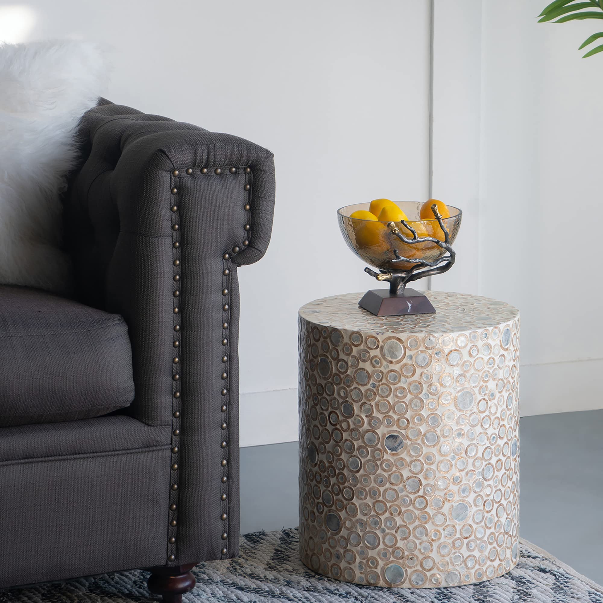 Mother of Pearl End Table - Cream Capiz Stool for Living Room Decor