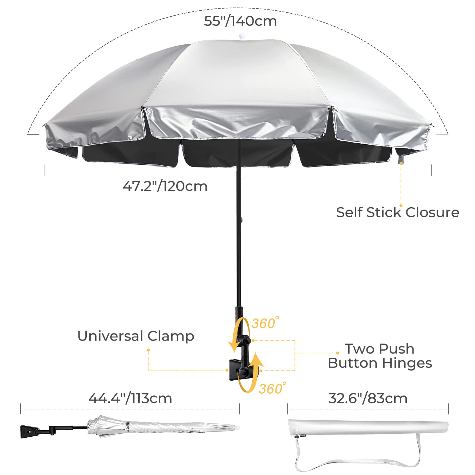 G4Free UPF 50+ Universal Adjustable Clamp-On Sun Umbrella for Outdoor UV Protection - Fits Strollers, Wheelchairs, Patio Chairs & Golf Carts - Perfect for Beach, Picnic, Camping & Golfing