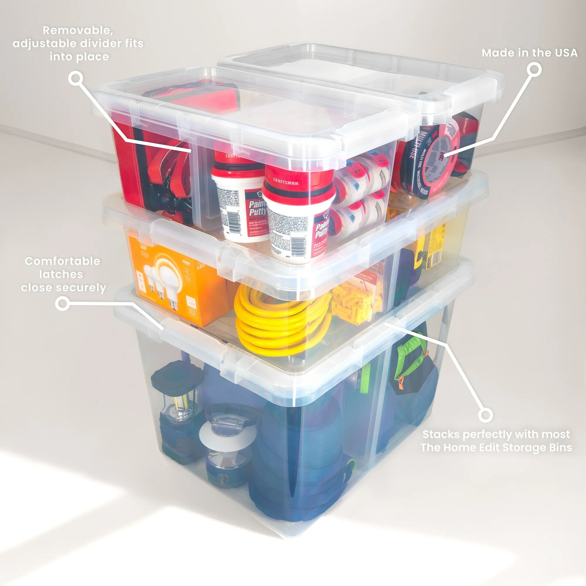 The Home Edit 17 Quart Clear Plastic Storage Bin with Dividers - Organize Pantry, Closet, Garage & Kids Toys - Stackable Home Organization Bins for Shelves