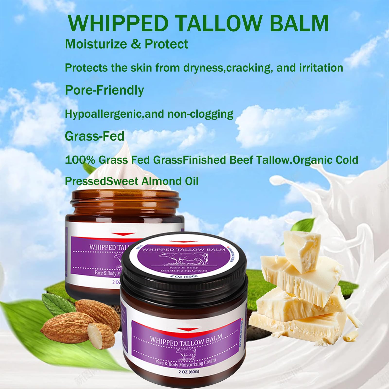 Organic Whipped Tallow Cream for Face & Body - 100% Grass-Fed Beef Tallow Moisturizer for Dry Skin - Handmade Skin Care Lotion 5.7oz - Perfect for Eczema, Psoriasis & Winter Hydration