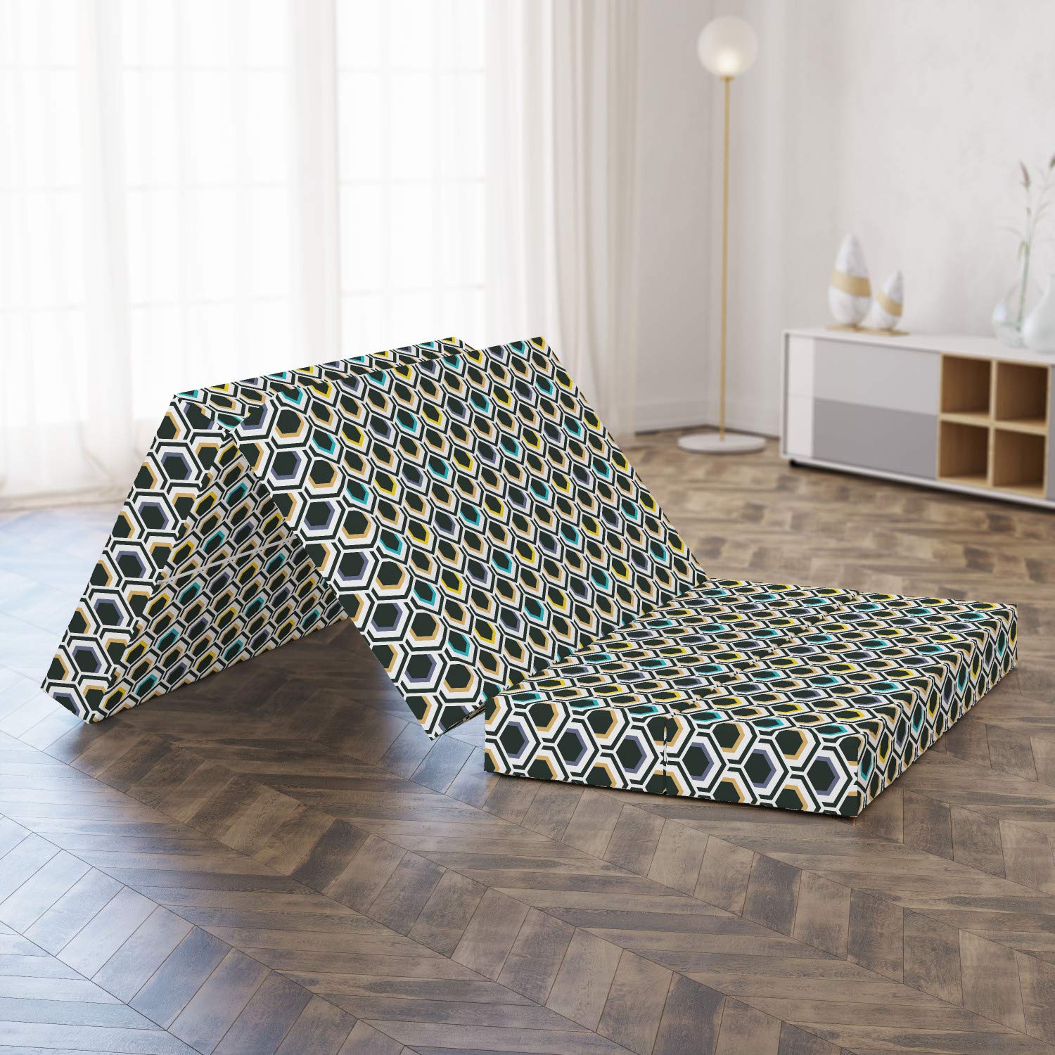 Ambesonne Geometric Foldable Mattress - Hexagonal Overlapping Design for Guest Beds, Camping & Dorm Rooms | Portable Floor Sleeping Mat