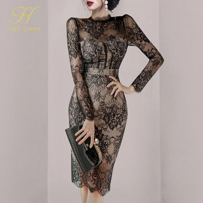 Elegant Korean Fashion Lace Crochet Flower Pencil Dress for Women - See Through Autumn Party Dress, Casual & Formal Occasions