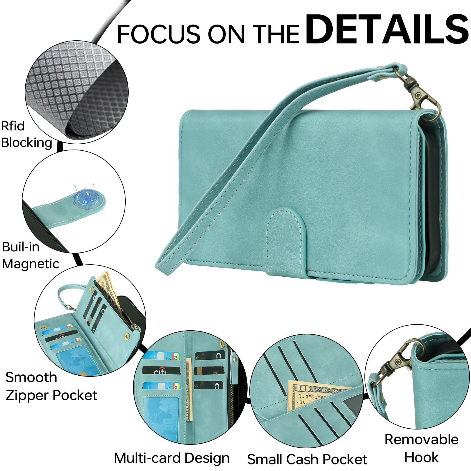 Premium PU Leather Wallet Case for iPhone 16 Pro Max - RFID Blocking Credit Card Holder with Zipper Pocket & Wrist Strap | Protective Cover for Daily Use, Travel & Business (Baby Blue)