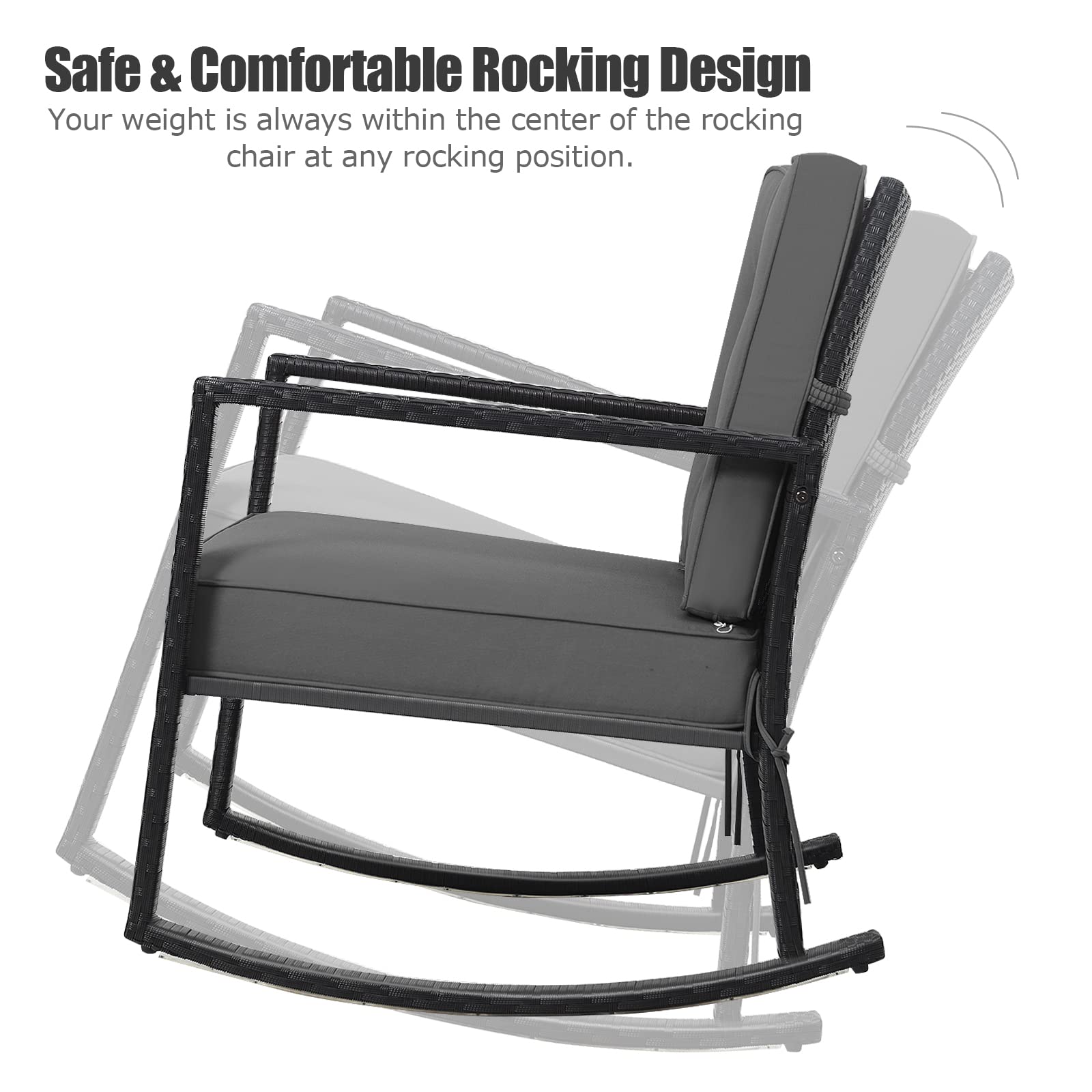 Hysache Patio Rocking Chair - Rattan Wicker Rocking Armchair with Thick Cushion & Durable Steel Frame, Outdoor Wicker Furniture for Garden, Porch, Backyard, Poolside - Comfortable Seating for Relaxing Outdoors (Gray)
