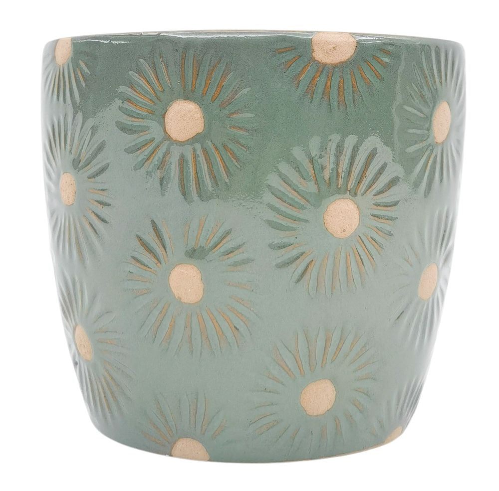 Turquoise Embossed Daisy Flower Pot - Elegant Home & Garden Decor for Indoor Plants, Succulents, and Herbs