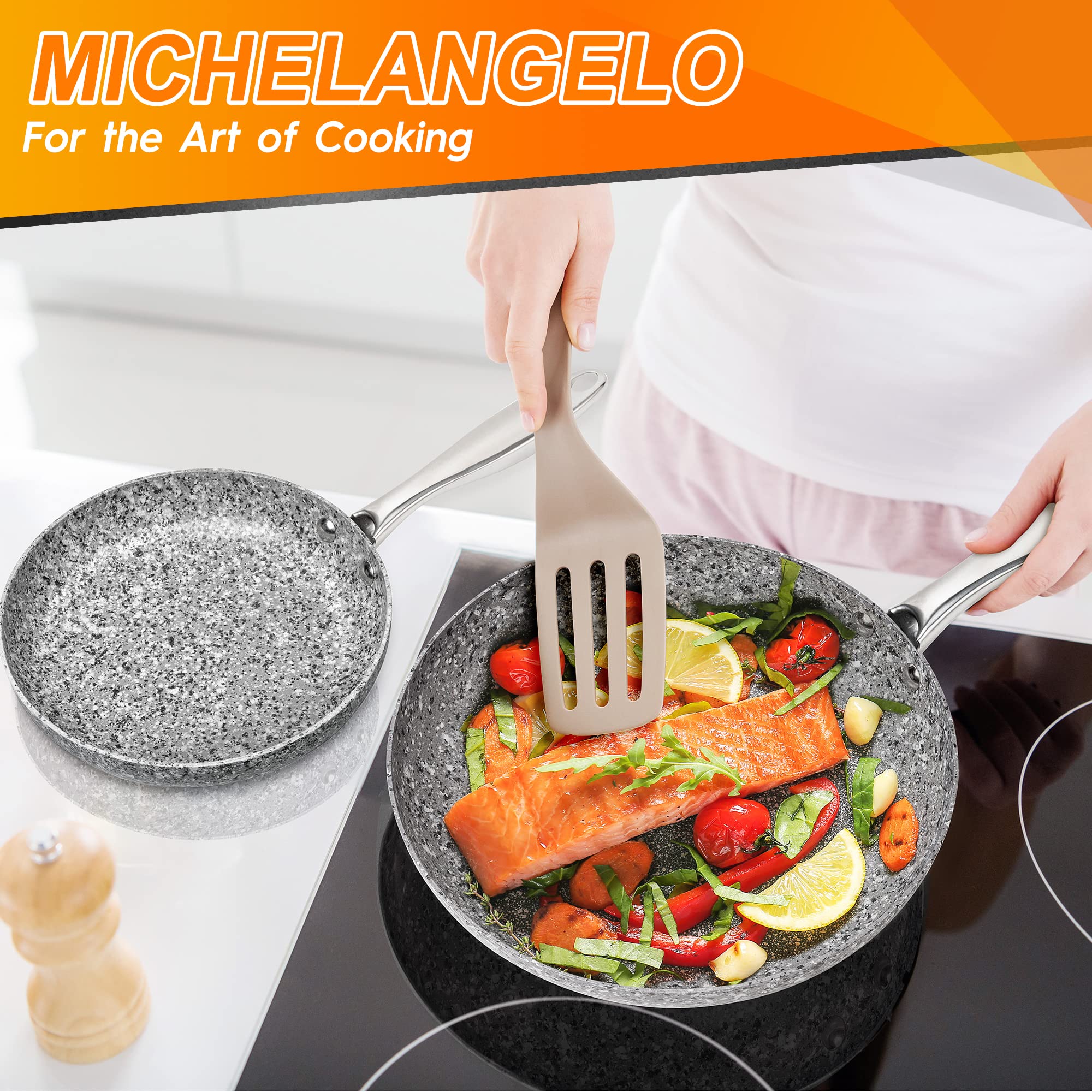 MICHELANGELO 8, 10 & 12 Inch Nonstick Frying Pan Set with Lid - Granite Stone Skillet Cookware with Stone-Derived Coating | Perfect for Searing, Sauteing & Everyday Cooking