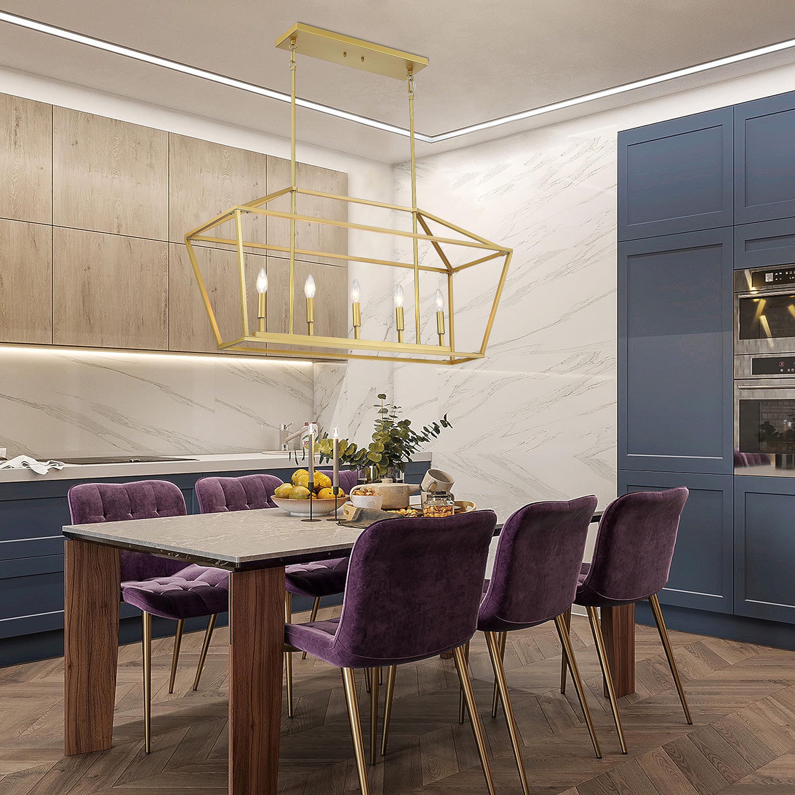 Untrammelife 5-Light Gold Modern Linear Chandelier - Adjustable Kitchen Island Pendant Lighting with Rectangle Lantern Design for Dining Table & Countertop | Perfect for Farmhouse, Contemporary Kitchens & Restaurant Decor