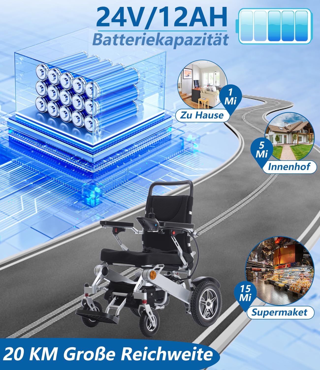 Broobey Lightweight Electric Wheelchair for Adults & Seniors - 150kg Weight Capacity, Foldable Motorized Wheelchair with 12Ah Battery (20+ km Range) - Perfect for Indoor/Outdoor Use, Travel & Daily Mobility