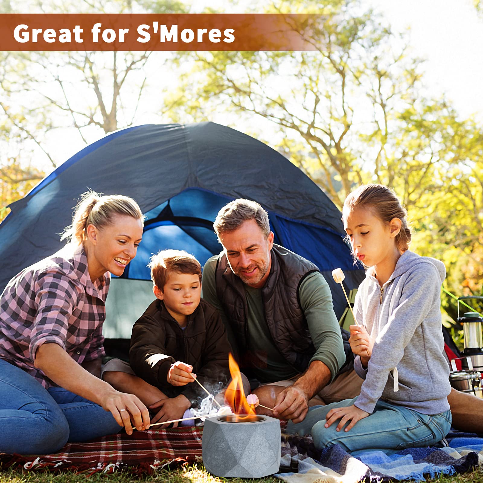 Portable Concrete Tabletop Fire Pit Bowl - Indoor Outdoor Ethanol Fireplace for Patio, Balcony, Backyard - Mini Smores Maker with Extinguisher - Perfect for Camping, Parties & Cozy Nights