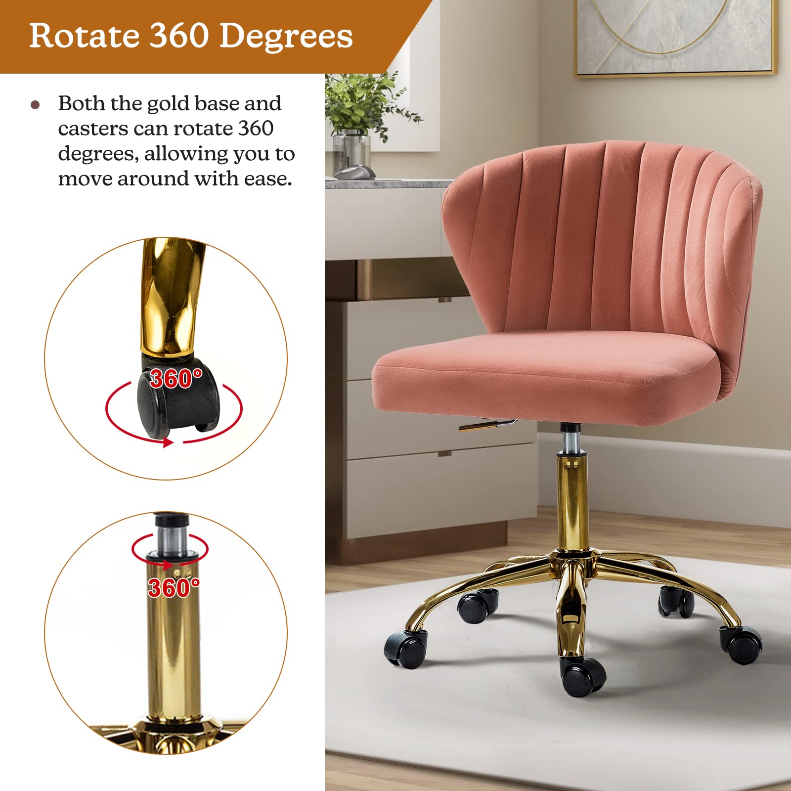 TINA'S HOME Modern Velvet Office Chair with Wheels & Gold Base - Adjustable Low Back Swivel Rolling Task Chair for Home Office, Study, Living Room, Vanity - Pink Velvet Armless Desk Chair for Women & Girls