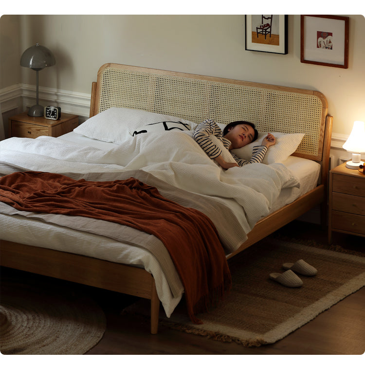 Solid Oak Wood Rattan Bed Frame - Queen Size, Natural Finish - Perfect for Bedroom, Guest Room & Farmhouse Decor