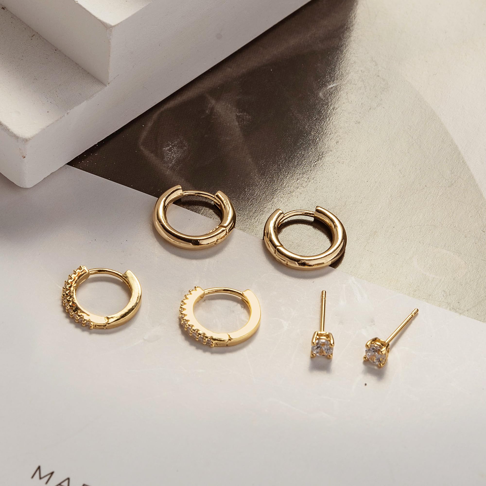 14K Gold Plated CZ Stud Earrings for Women - Dainty Flat Back Small Hoop Cartilage Earrings Set, Hypoallergenic Trendy Jewelry | Perfect for Everyday Wear, Date Night & Gift Giving