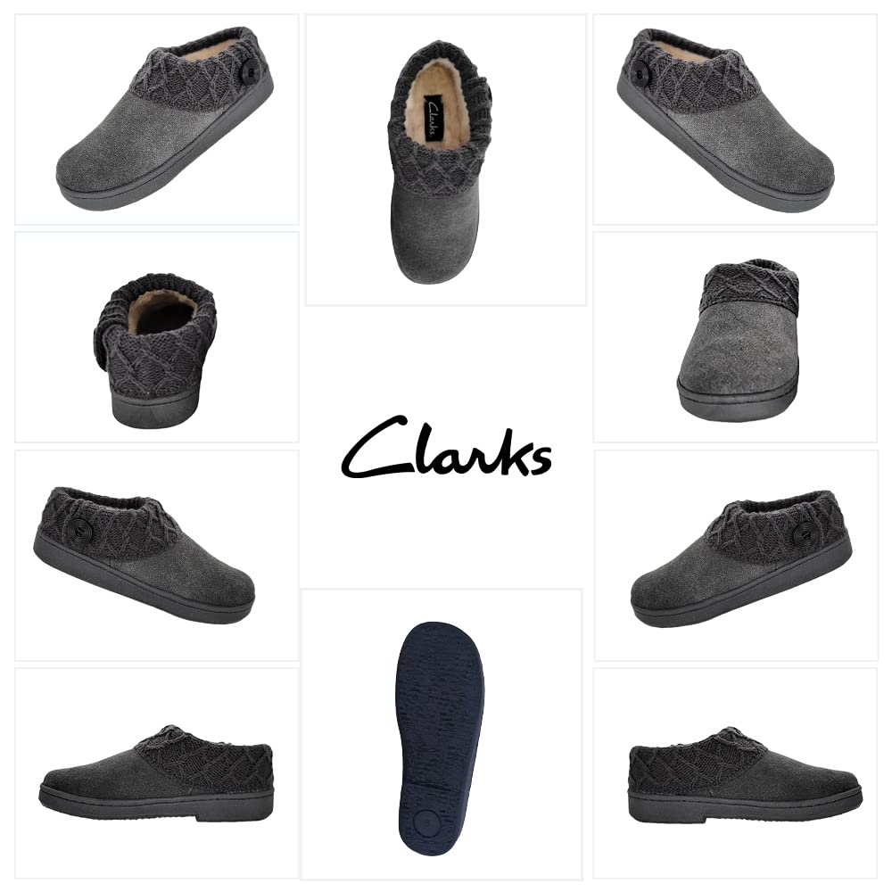 Clarks Women's Suede Leather Comfort Clog Knitted Collar Slippers - Plush Faux Fur Trim - Indoor & Outdoor House Shoes for Women - Grey/Grey Size 6M - Cozy Homewear for Relaxing & Lounging