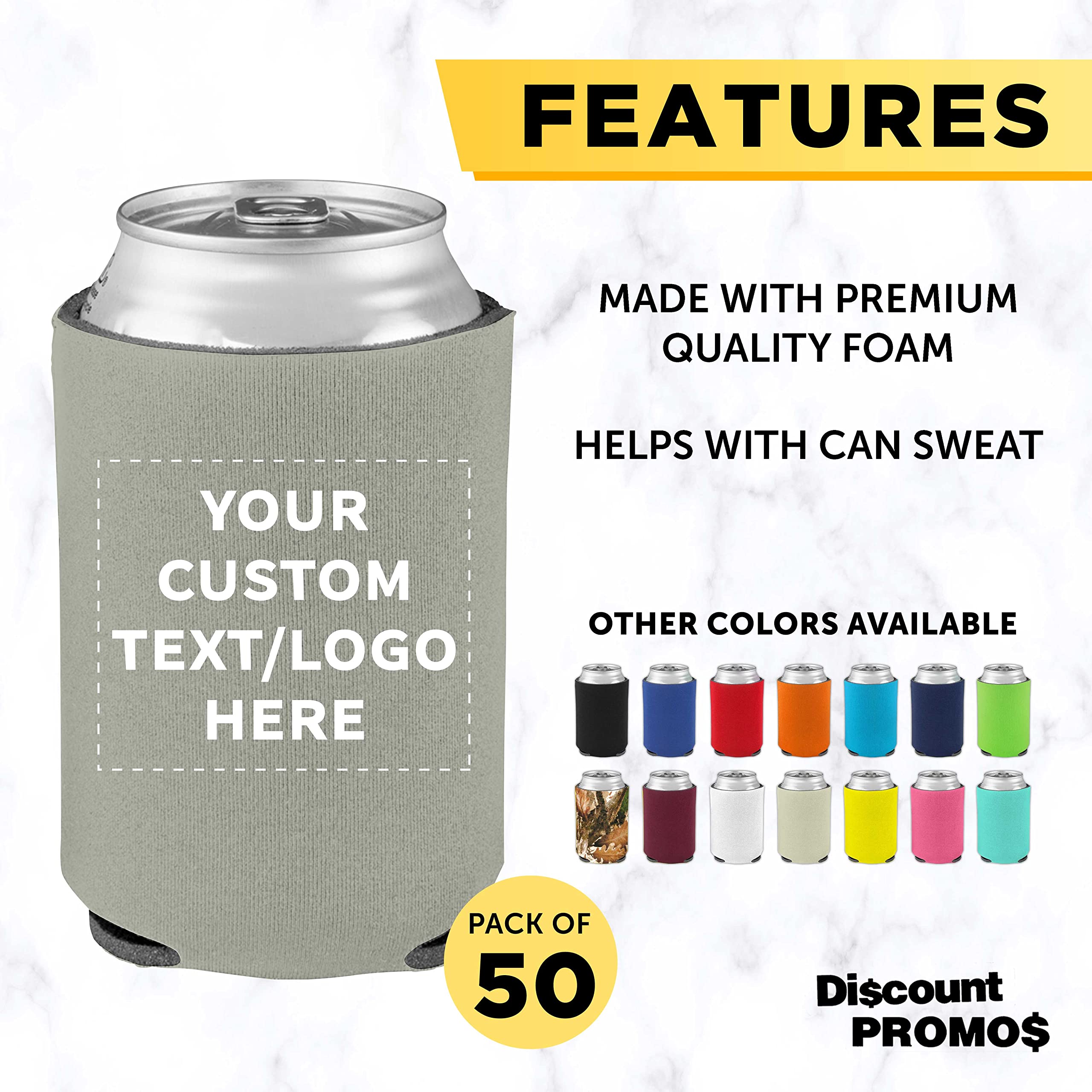 Custom Collapsible Beer Can Coolers 4mm - Set of 50 Bulk Pack - Personalized Insulated Sleeves for Beer, Soda & Beverages - Grey - Perfect for Parties, BBQs, Tailgating & Outdoor Events