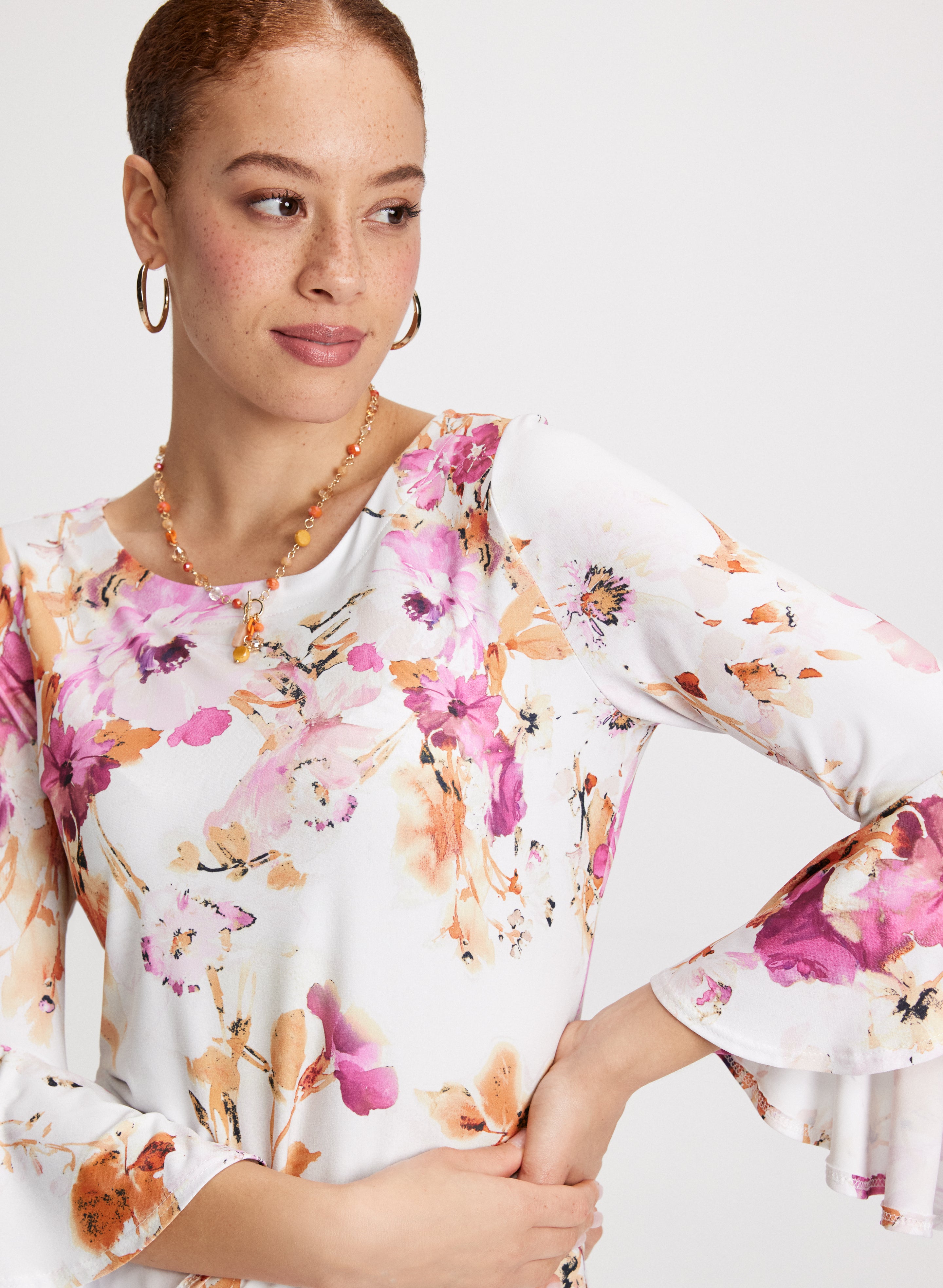 Floral Bell Sleeve Blouse for Women - Elegant Flowy Boho Tunic Top with Ruffle Details | Perfect for Spring, Summer, Date Night & Special Occasions