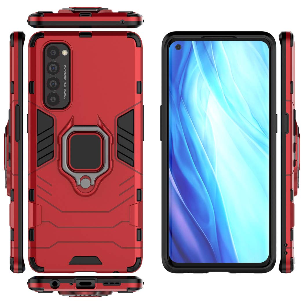 LuluMain Shockproof Hard Bumper Case for Oppo Reno 4 Pro 4G - Metal Ring Grip & Kickstand, Magnetic Car Mount Compatible, Dual Layer Rugged Cover (Red) - Perfect for Outdoor Activities, Travel, and Daily Protection