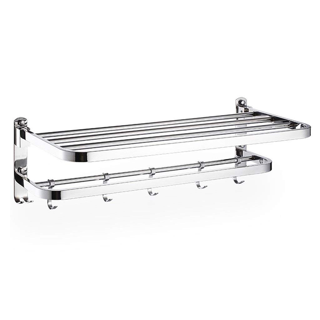 Foldable 304 Stainless Steel Towel Rack - Wall Mounted Bathroom Shelf with Adjustable Towel Bar & Hook - Space Saving Organizer for Towels, Robes & Accessories (Silver, 22.8