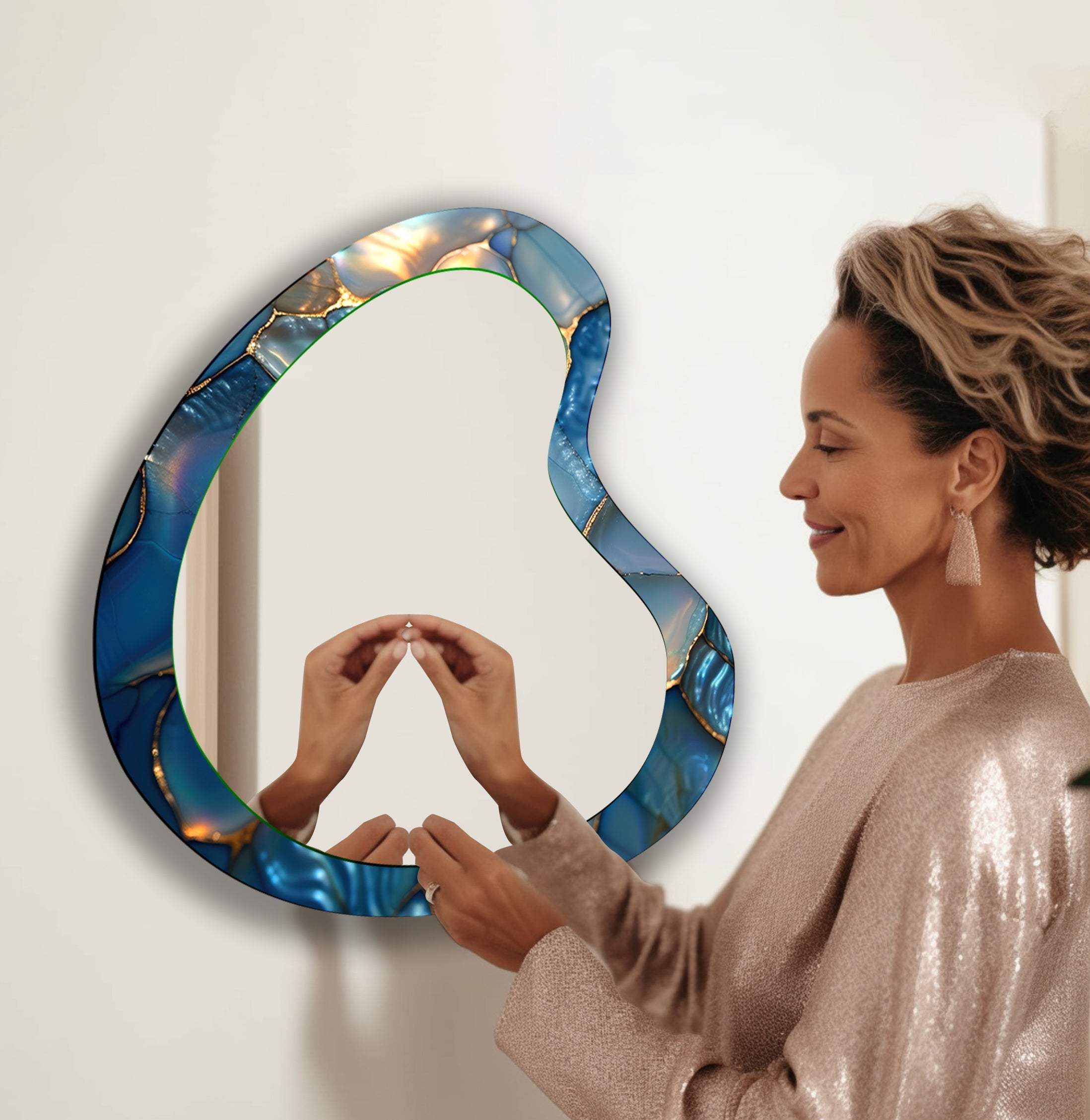 Blue Abstract Irregular Glass Wall Mirror - Modern Decorative Mirror for Living Room, Bedroom & Entryway - Unique Home Decor Accent Piece
