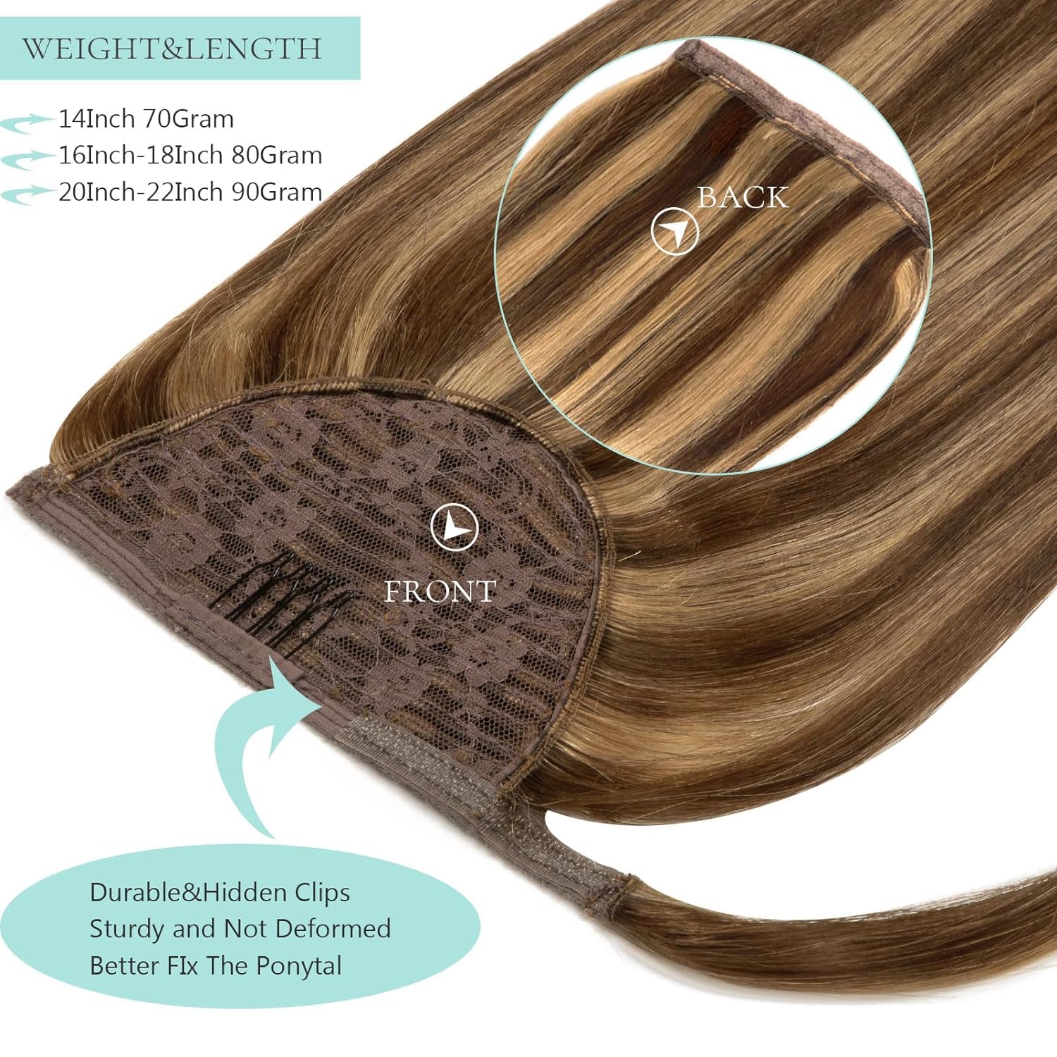 Loxxy 20 Inch Human Hair Ponytail Extensions - 90g Chocolate Brown Mixed Strawberry Blonde, Natural Hair Ponytail with Magic Paste for Women | Perfect for Parties, Weddings & Everyday Styling