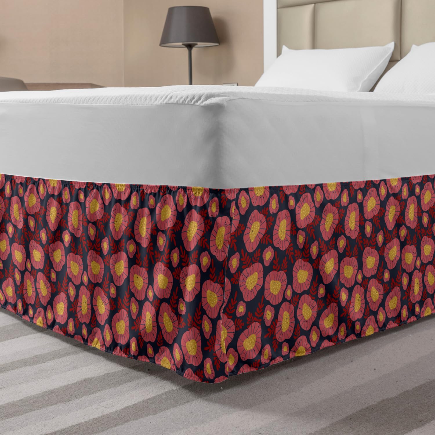 Ambesonne Floral Bed Skirt - Vintage Flowers Pattern Wrap Around Elastic Gathered Design for King Size Beds, Coral Charcoal Grey | Perfect for Bedroom Decor, Guest Rooms & Master Suite Styling