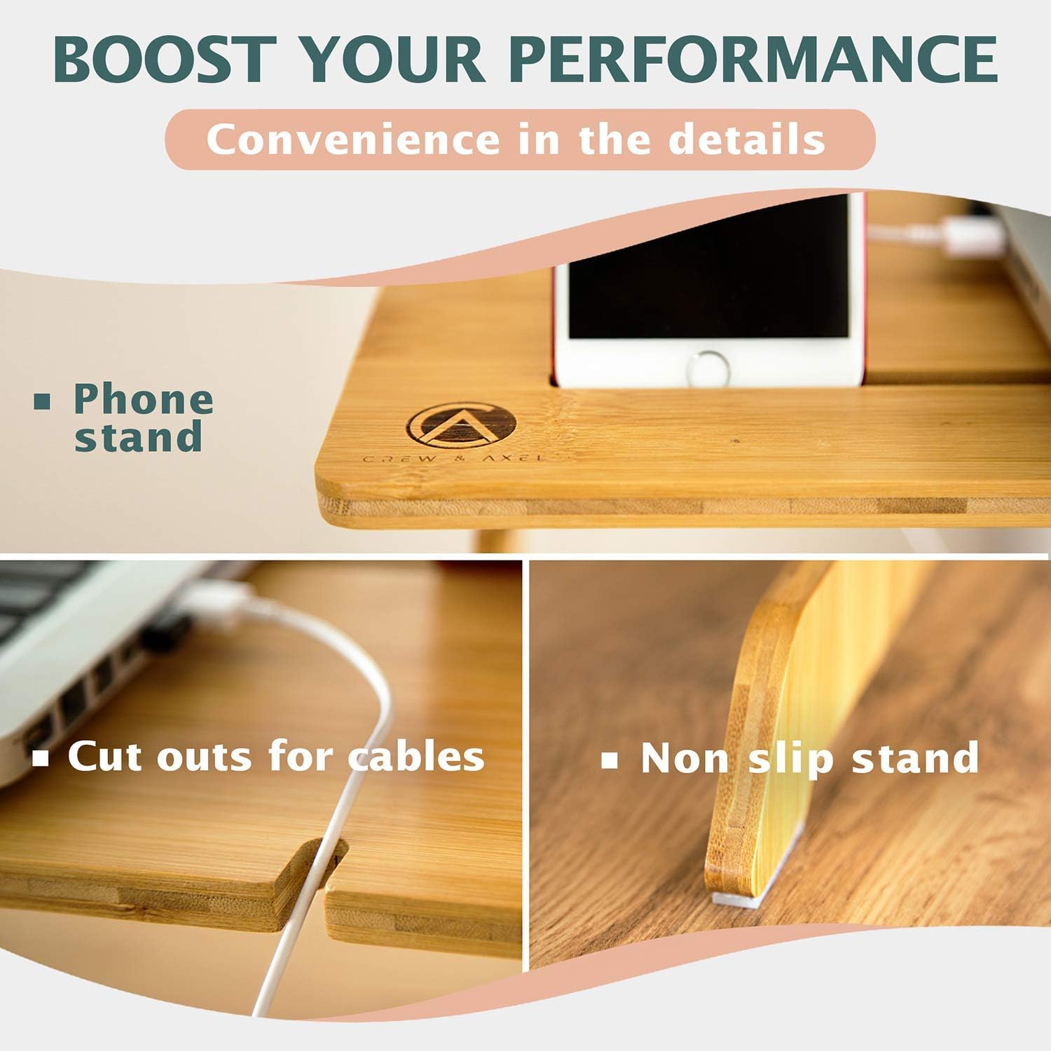 Adjustable Standing Desk Riser - 100% Natural Bamboo Monitor Stand with No Screws Assembly (19