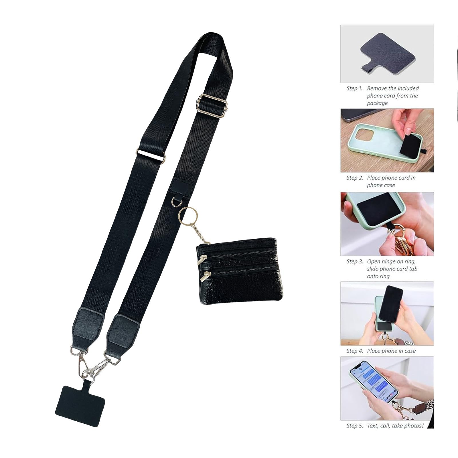 Black Phone Strap with Zippered Pouch & Clip - Adjustable Crossbody Strap for Phone & Wallet (iPhone/Samsung) - Hands-Free Convenience for Travel, Shopping & Daily Commute