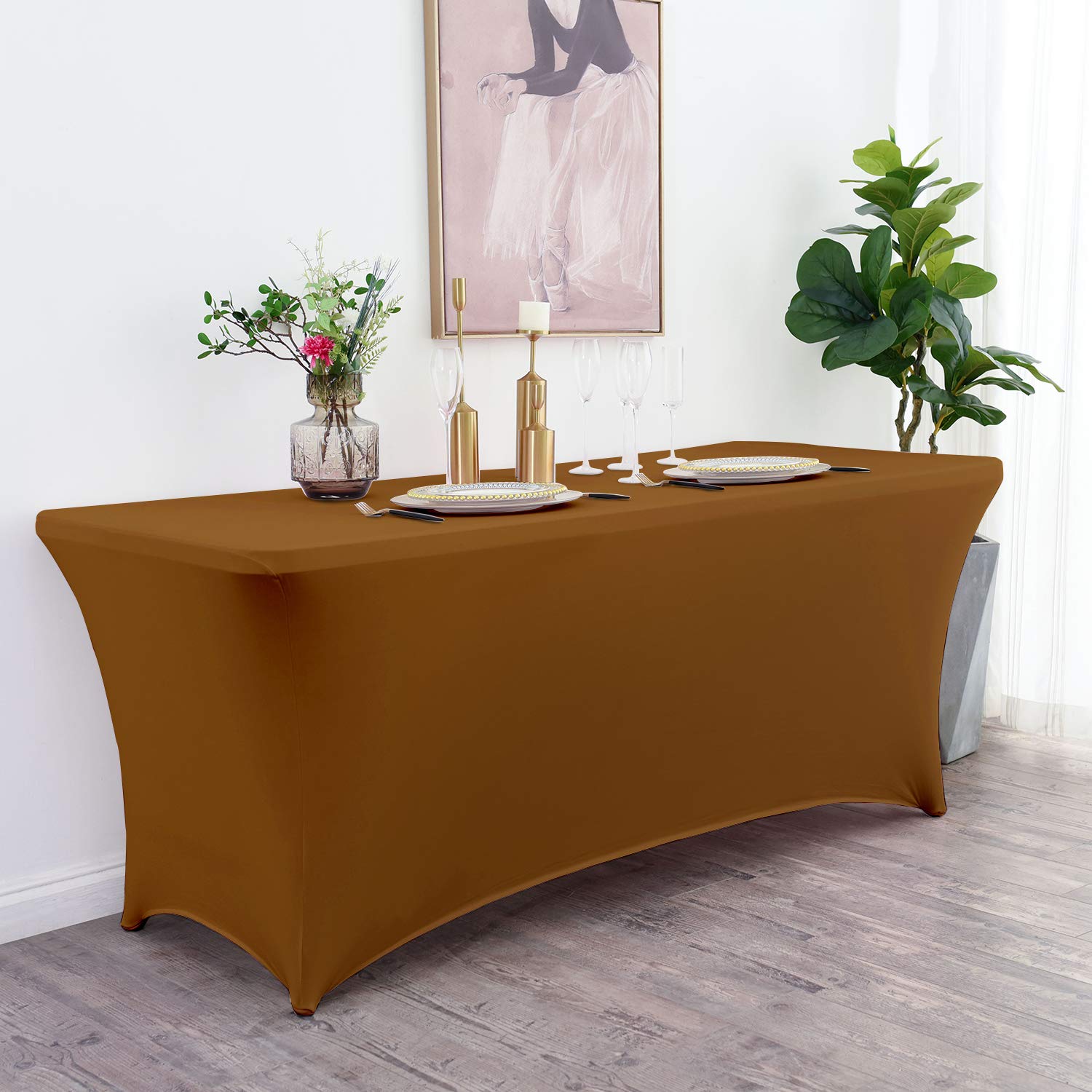ManMengJi 6 ft Spandex Table Cover - Stretchable Fitted Tablecloth for Standard Folding Tables, Universal Rectangular Tablecloth for Wedding, Banquet, Party & Events (Brown) - Perfect for Indoor & Outdoor Decorations, Catering, and Home Dining