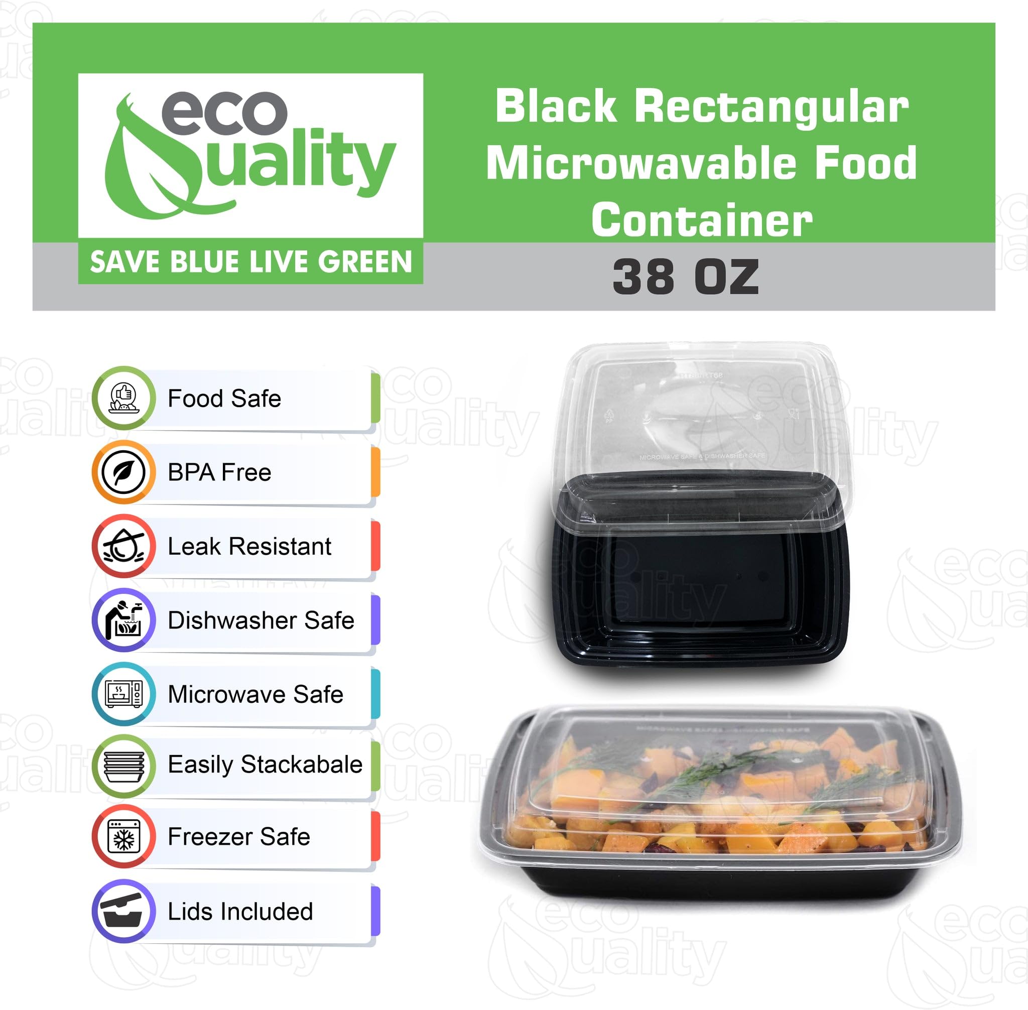 EcoQuality 38 oz BPA-Free Reusable Food Storage Containers 25-Pack with Lids - Airtight, Watertight Rectangular Containers for Freezer, Microwave & Dishwasher - Stackable Meal Prep Containers for Lunch, Bento Box, Office & Picnic Use