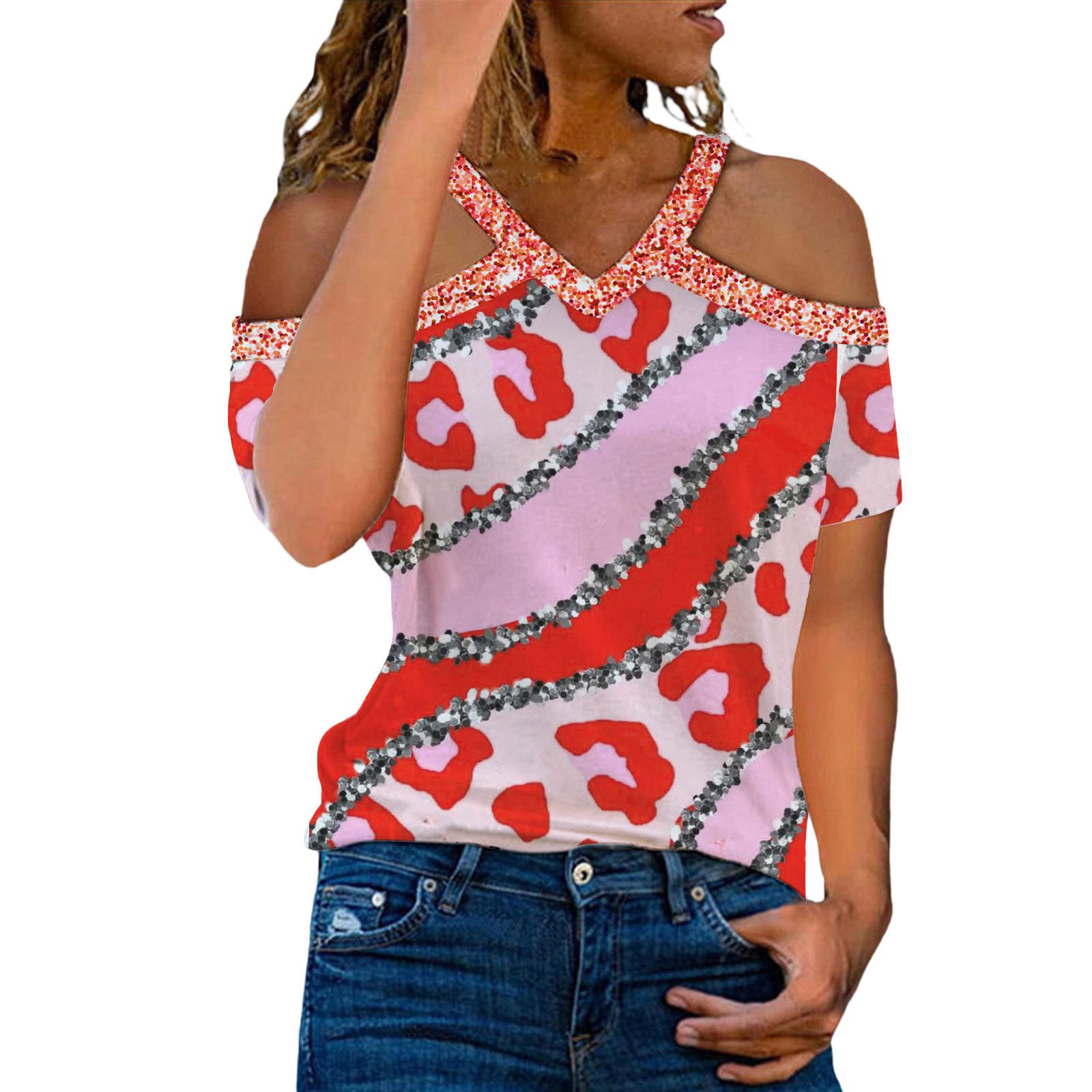 Women's V-Neck Digital Print Short Sleeve T-Shirt - Stylish Casual Tee for Everyday Wear, Summer Outfits & Street Fashion