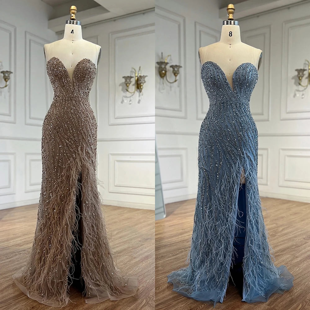 Elegant Blue Feather Beaded Evening Gown with Side Slit - LA72695 | Perfect for Prom, Gala & Formal Events